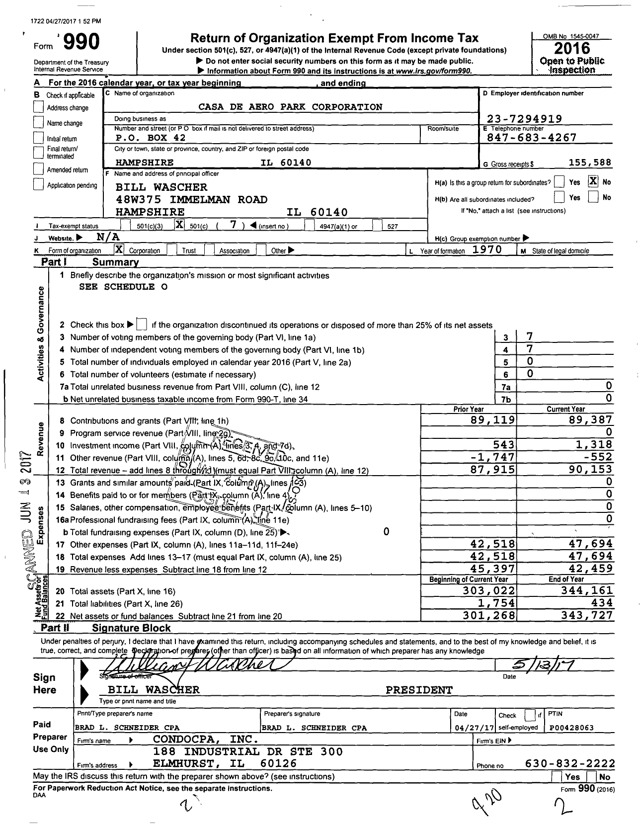 Image of first page of 2016 Form 990O for Casa de Aero Park Corporation