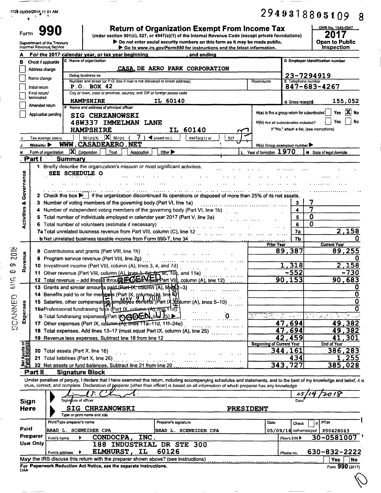 Image of first page of 2017 Form 990O for Casa de Aero Park Corporation