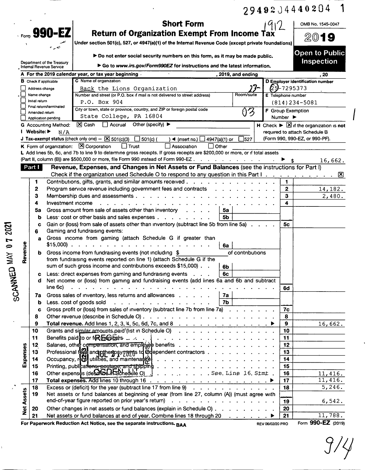 Image of first page of 2019 Form 990EZ for Back the Lions Organization