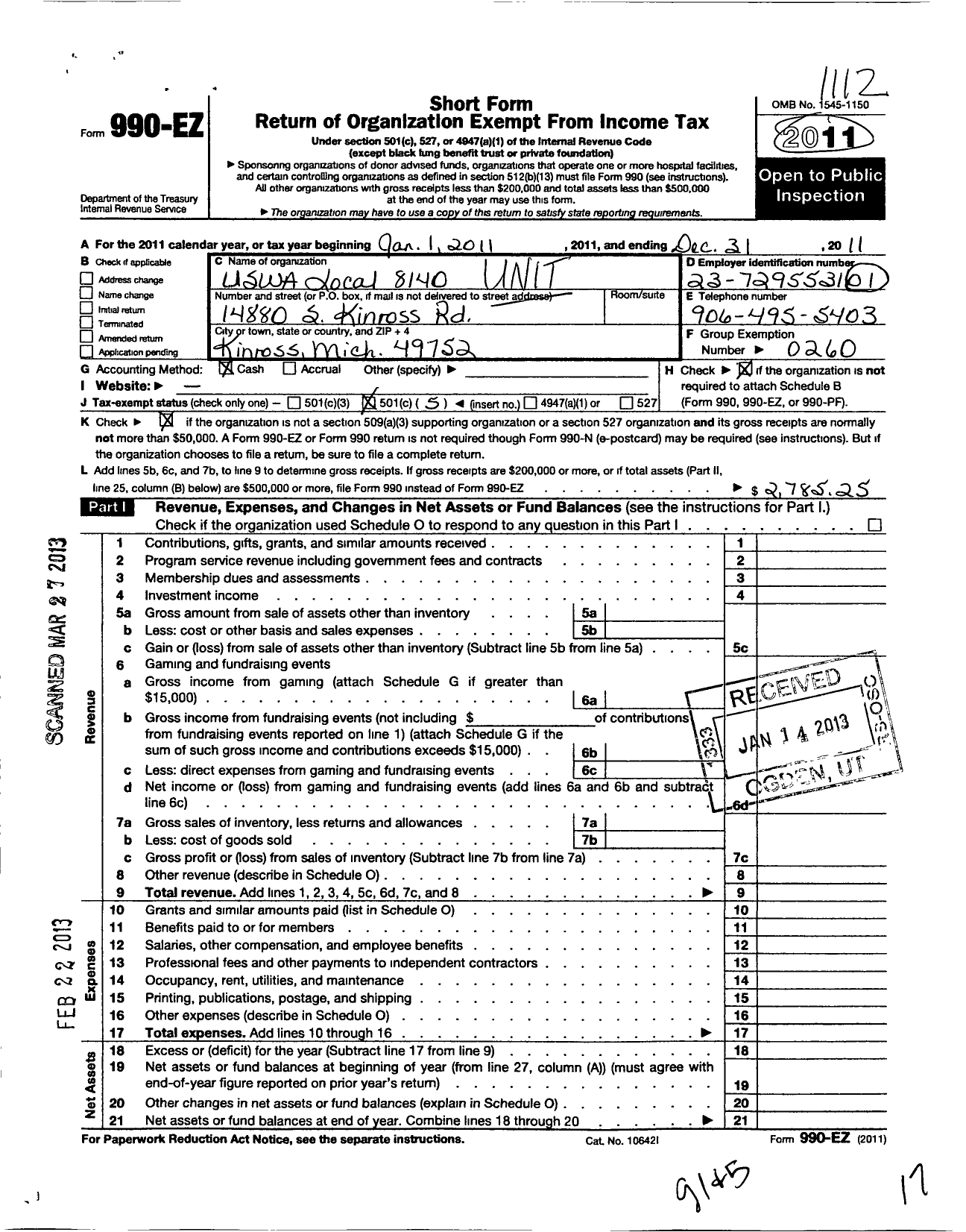 Image of first page of 2011 Form 990EO for United Steelworkers - 08140 Local