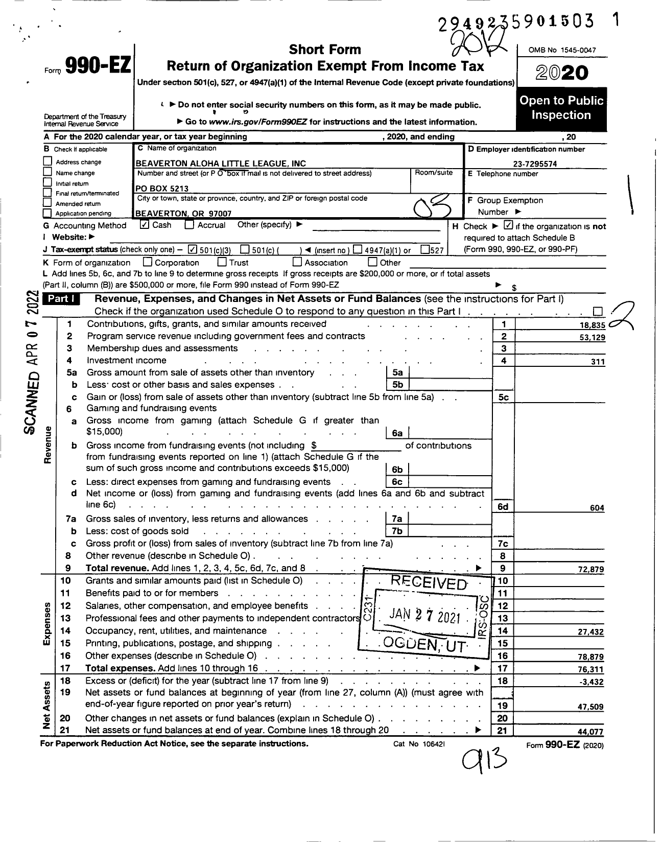 Image of first page of 2020 Form 990EZ for Beaverton Aloha Little League