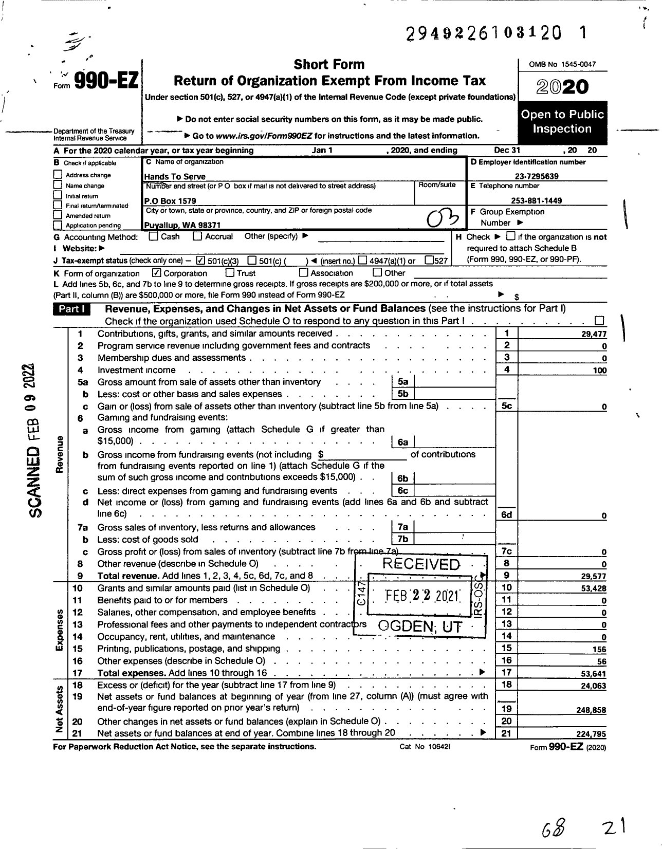 Image of first page of 2020 Form 990EZ for Hands To Serve