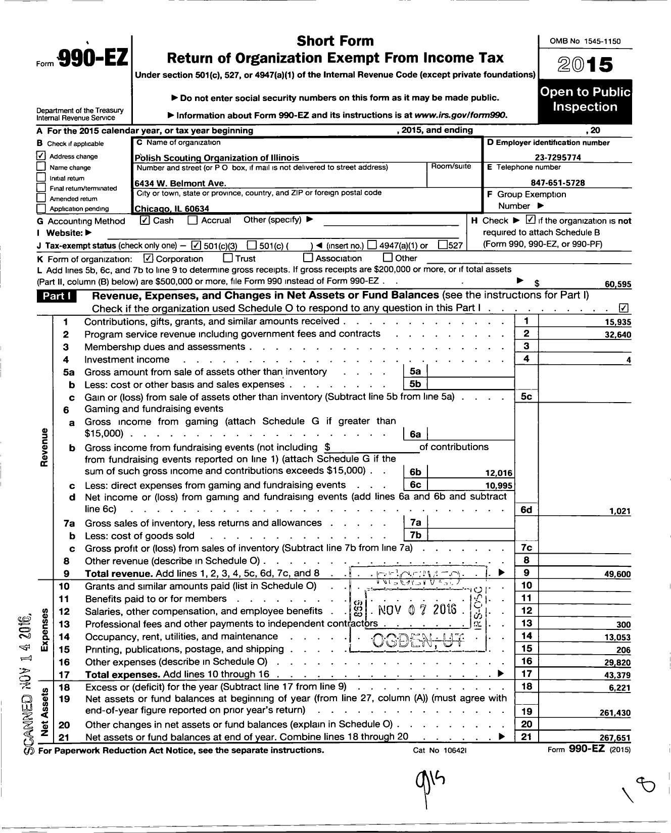 Image of first page of 2015 Form 990EZ for Polish Scouting Organization of Illinois