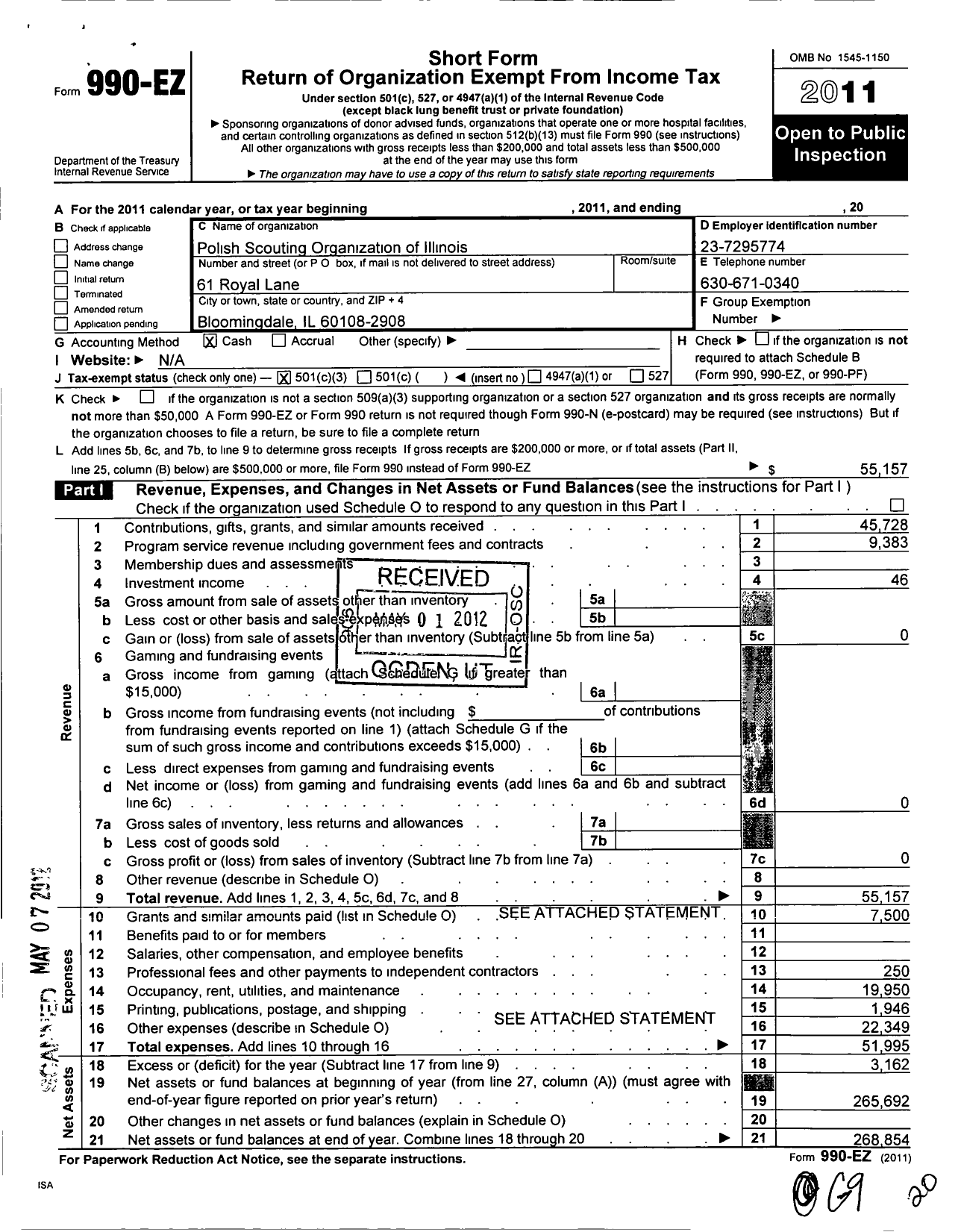 Image of first page of 2011 Form 990EZ for Polish Scouting Organization of Illinois