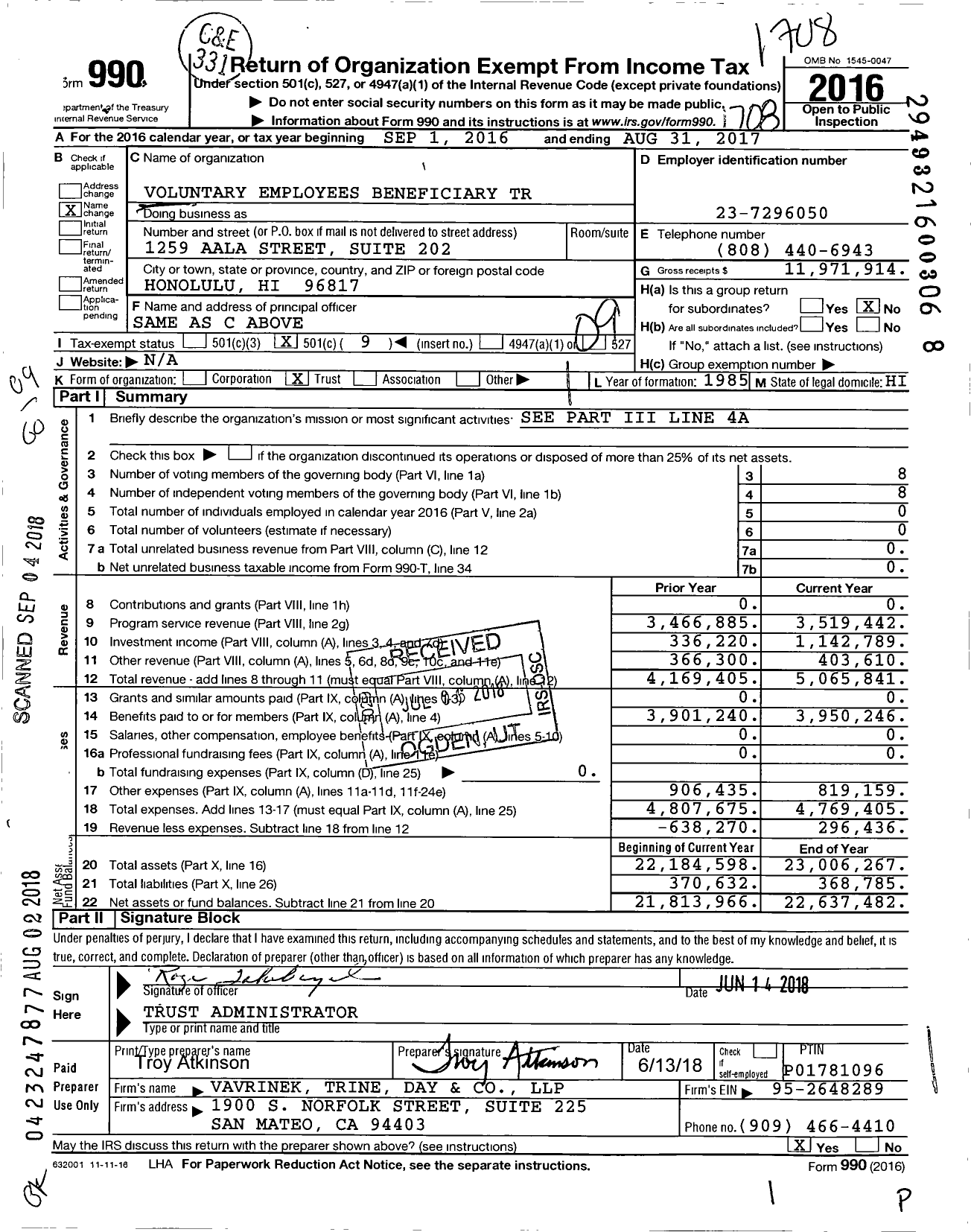 Image of first page of 2016 Form 990O for Voluntary Employees Beneficiary Trust