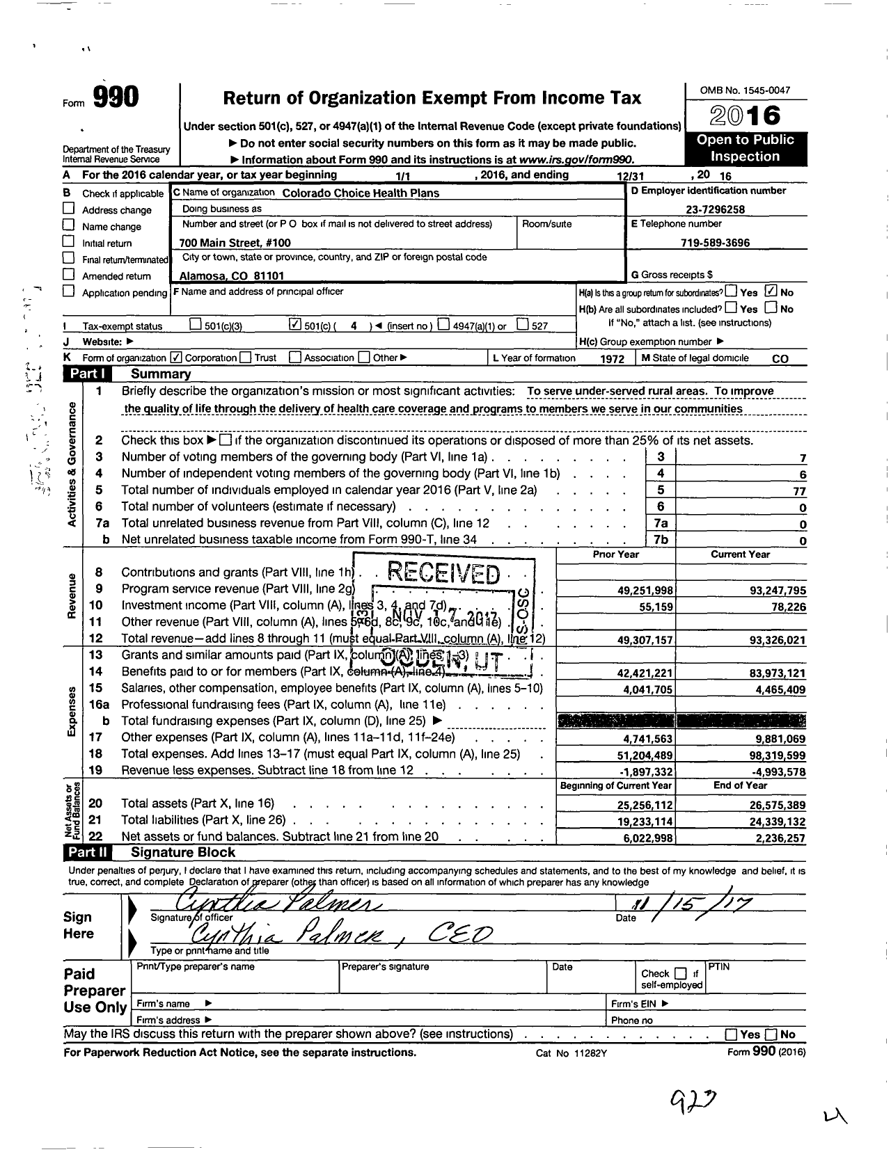 Image of first page of 2016 Form 990O for Colorado Choice Health Plans