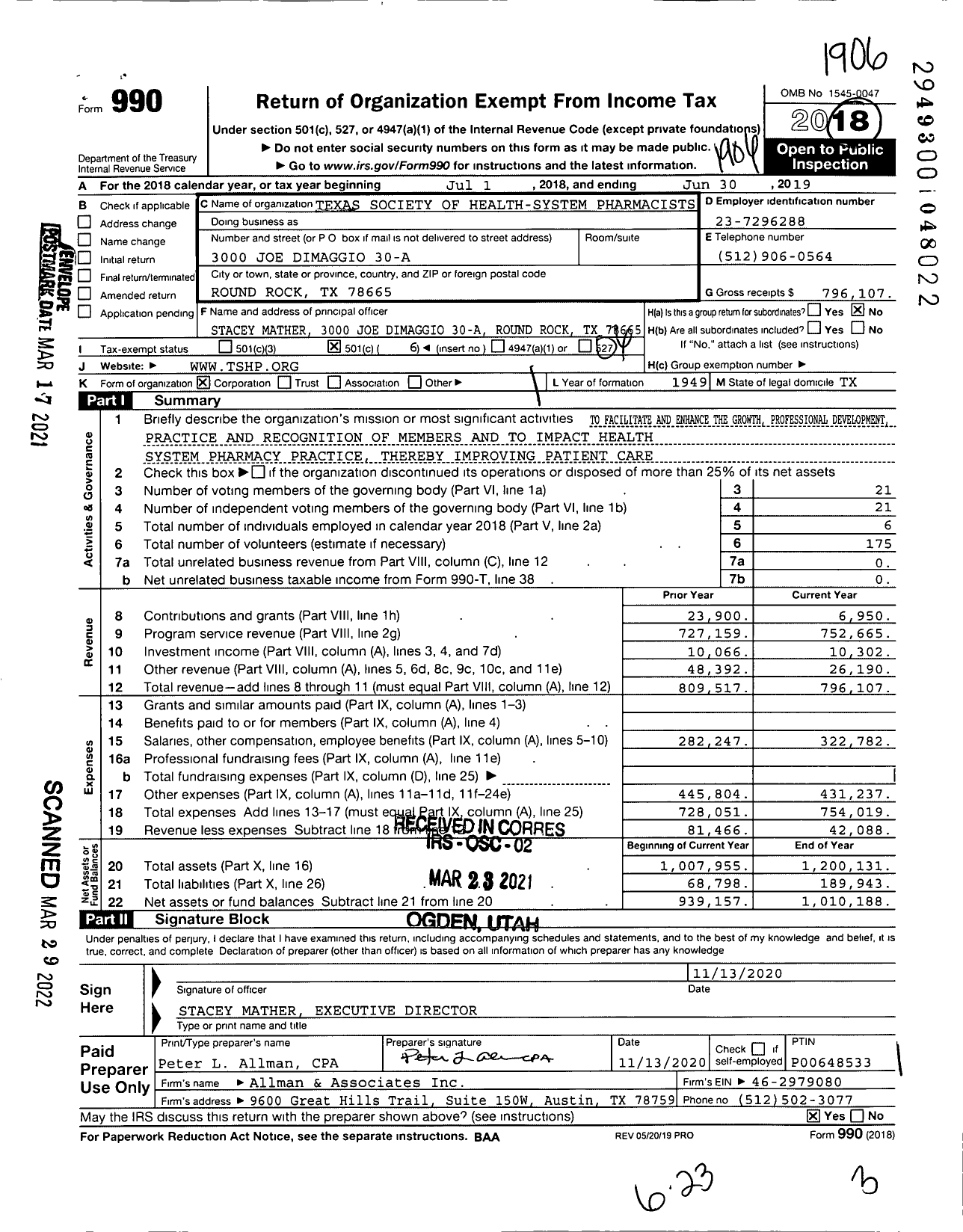 Image of first page of 2018 Form 990O for Texas Society of Health-System Pharmacists