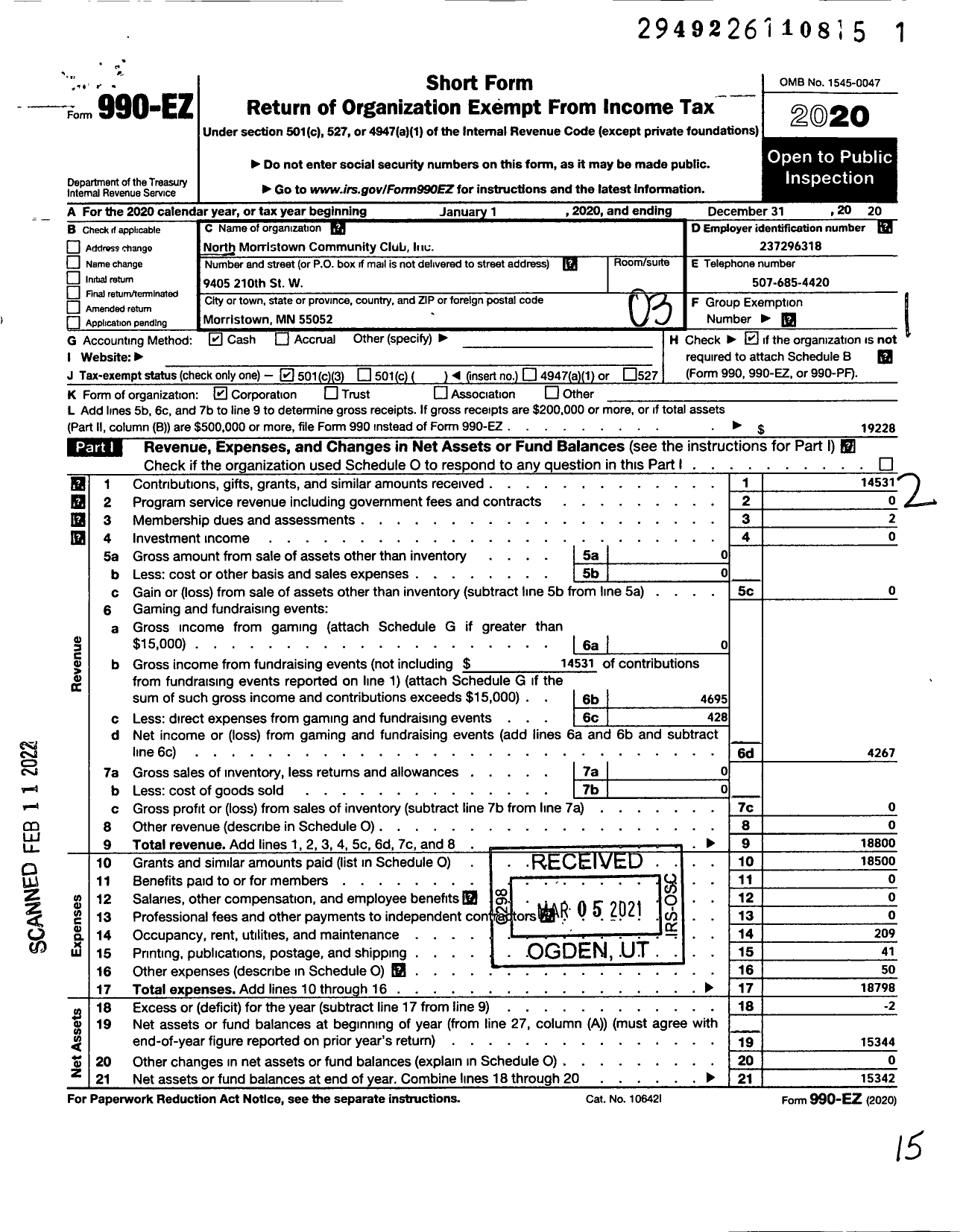 Image of first page of 2020 Form 990EZ for North Morristown Community Club