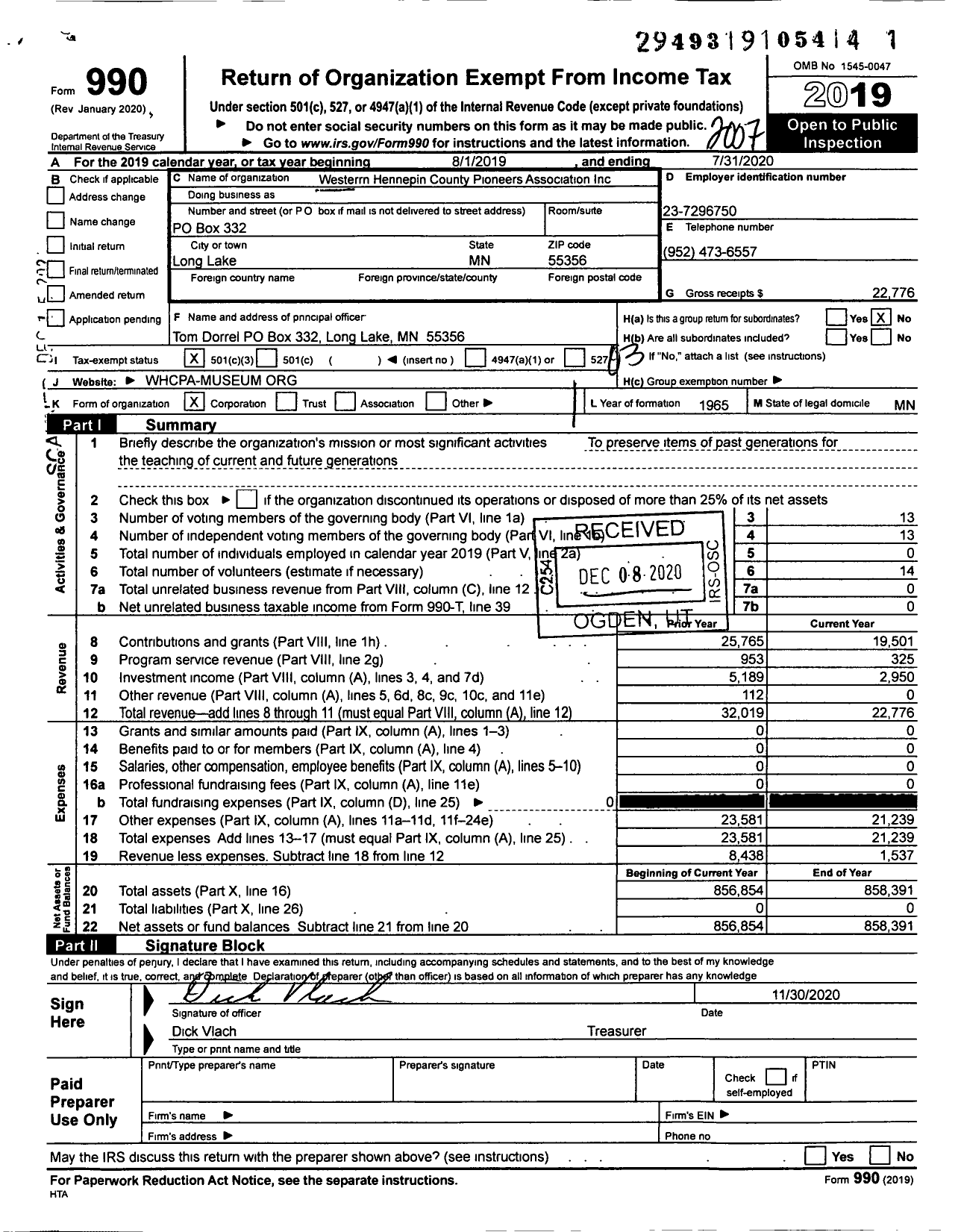 Image of first page of 2019 Form 990 for Western Hennepin County Pioneer Association