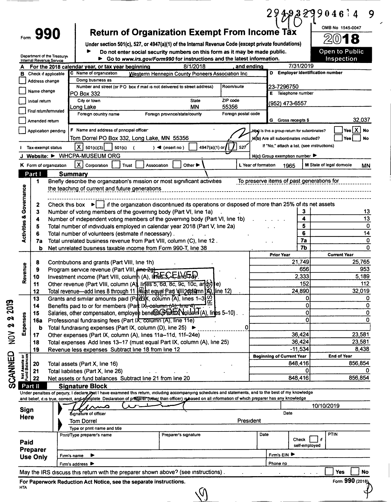 Image of first page of 2018 Form 990 for Western Hennepin County Pioneer Association