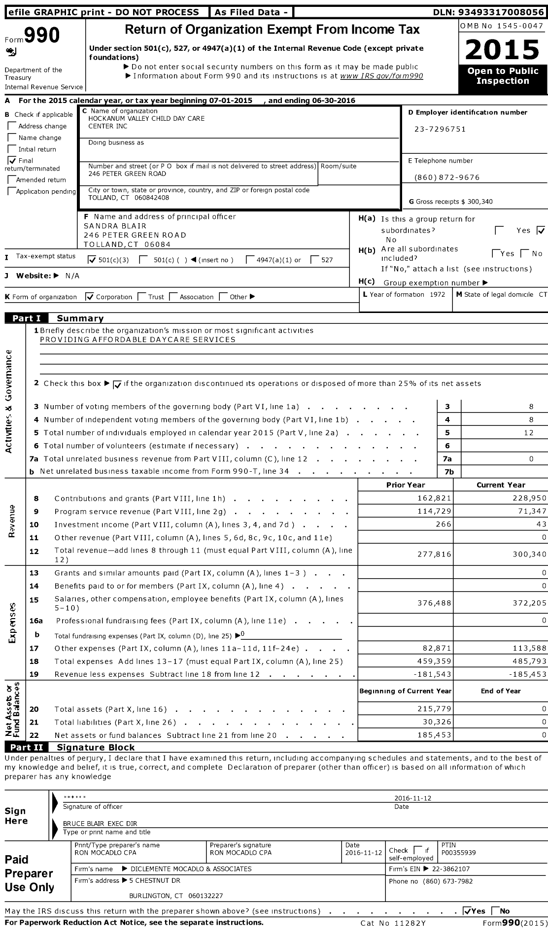 Image of first page of 2015 Form 990 for Hockanum Valley Child Day Care Center