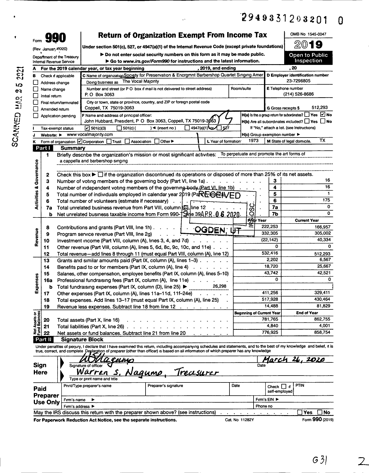 Image of first page of 2019 Form 990 for Barbershop Harmony Society - The Vocal Majority Chorus Singing