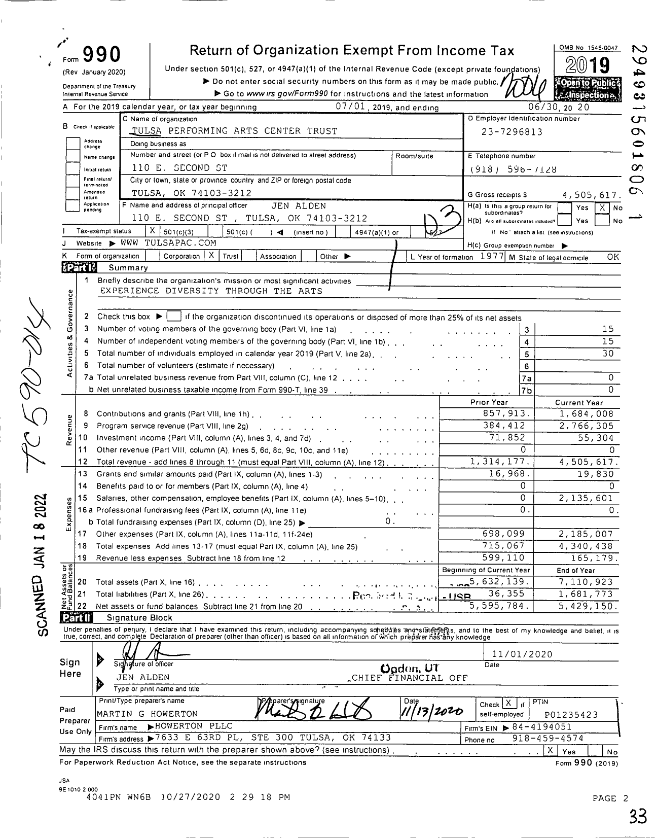 Image of first page of 2019 Form 990 for Tulsa Performing Arts Center Trust