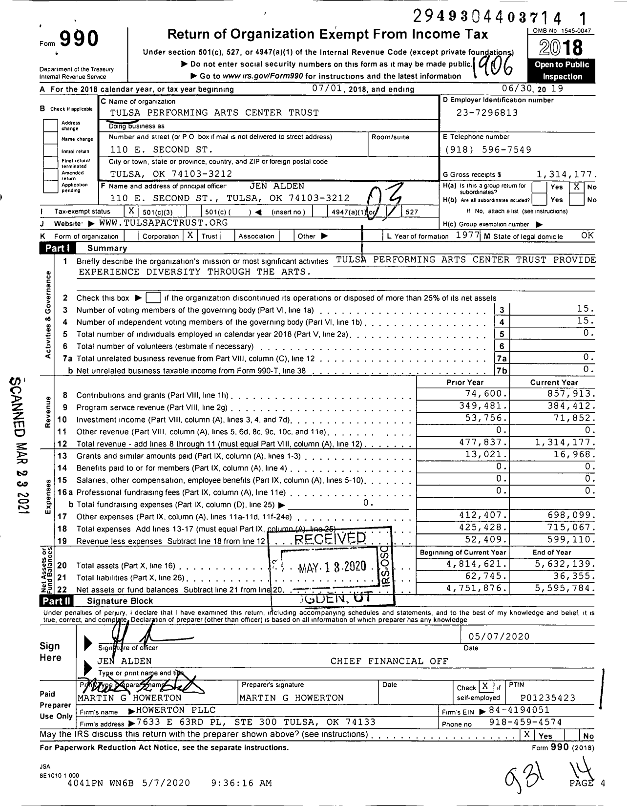 Image of first page of 2018 Form 990 for Tulsa Performing Arts Center Trust