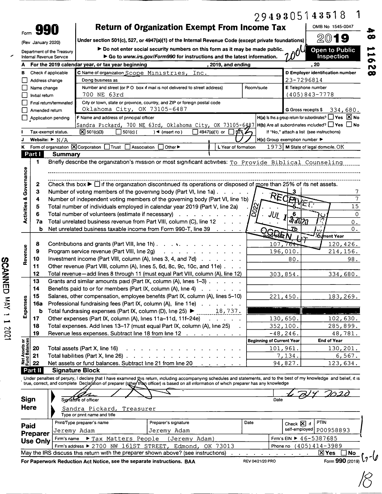 Image of first page of 2019 Form 990 for Scope Ministries