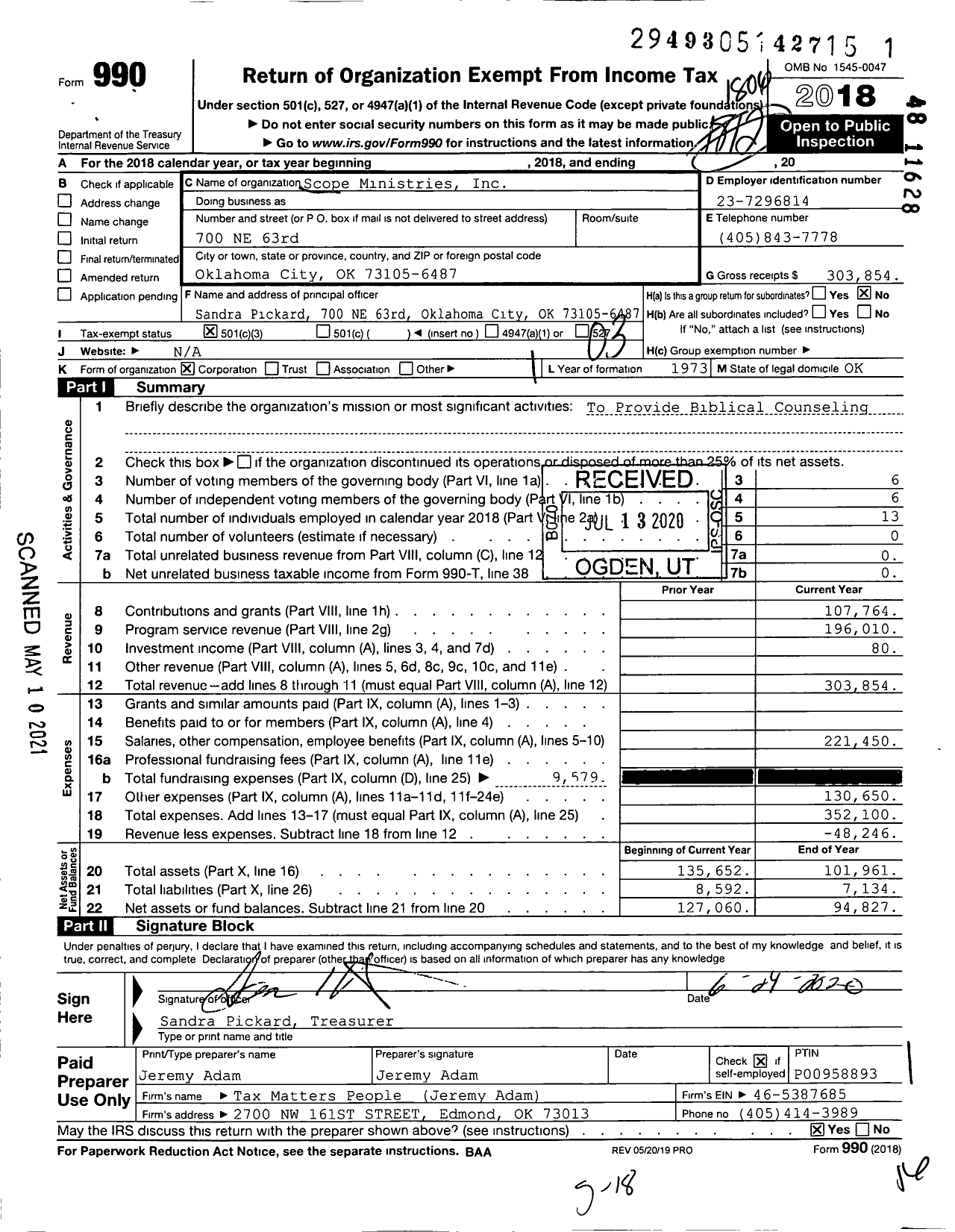 Image of first page of 2017 Form 990 for Scope Ministries