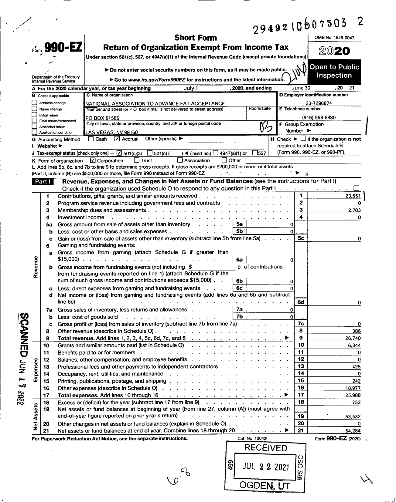 Image of first page of 2020 Form 990EZ for National Association To Advance Fat Acceptance