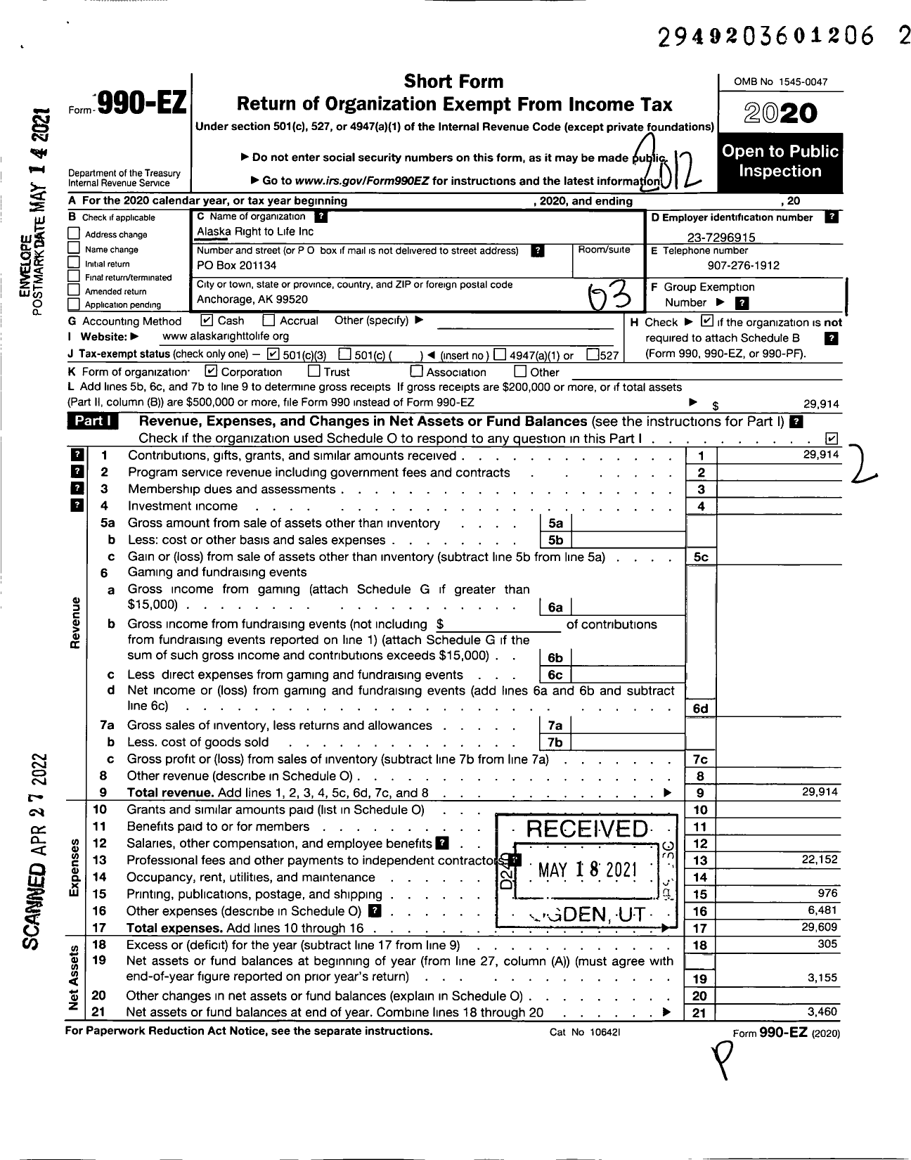 Image of first page of 2020 Form 990EZ for Alaska Right To Life