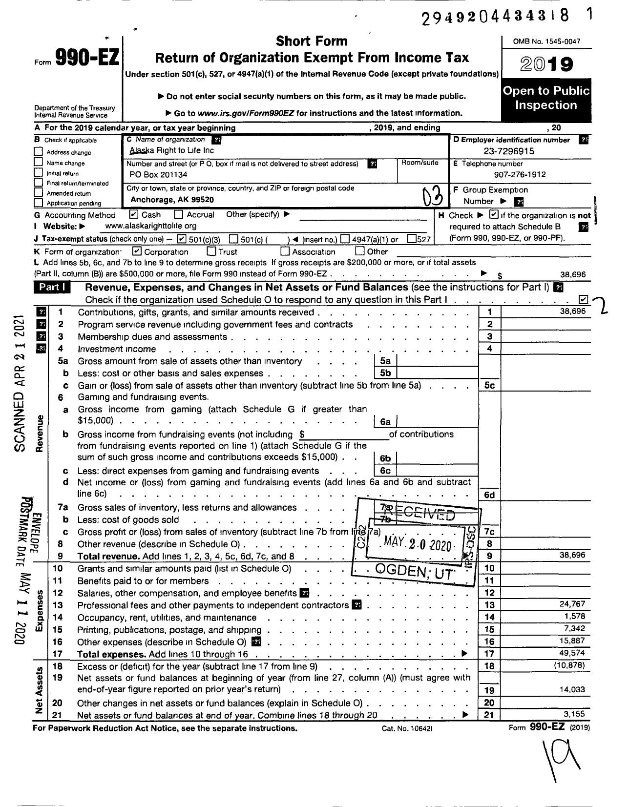 Image of first page of 2019 Form 990EZ for Alaska Right To Life