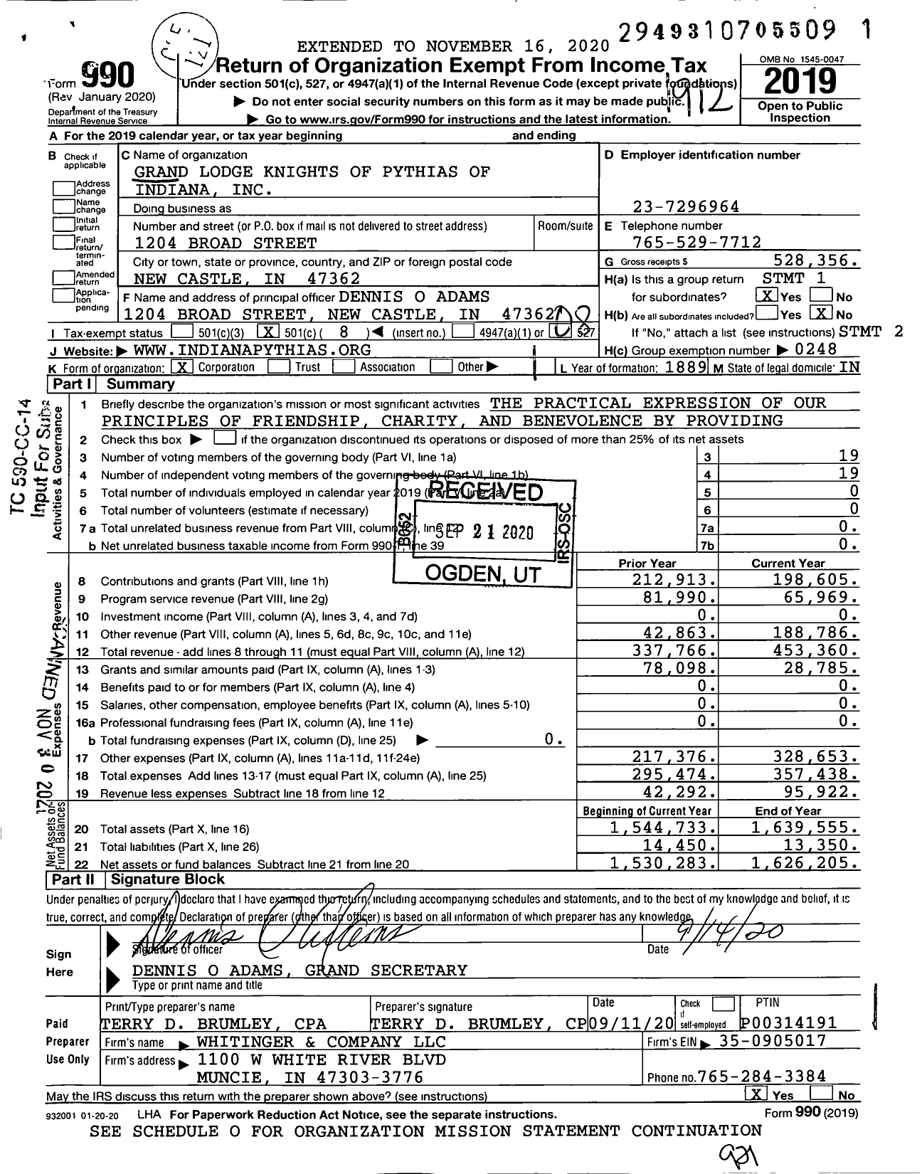 Image of first page of 2019 Form 990O for Grand Lodge Knights of Pythias of Indiana / Group Return