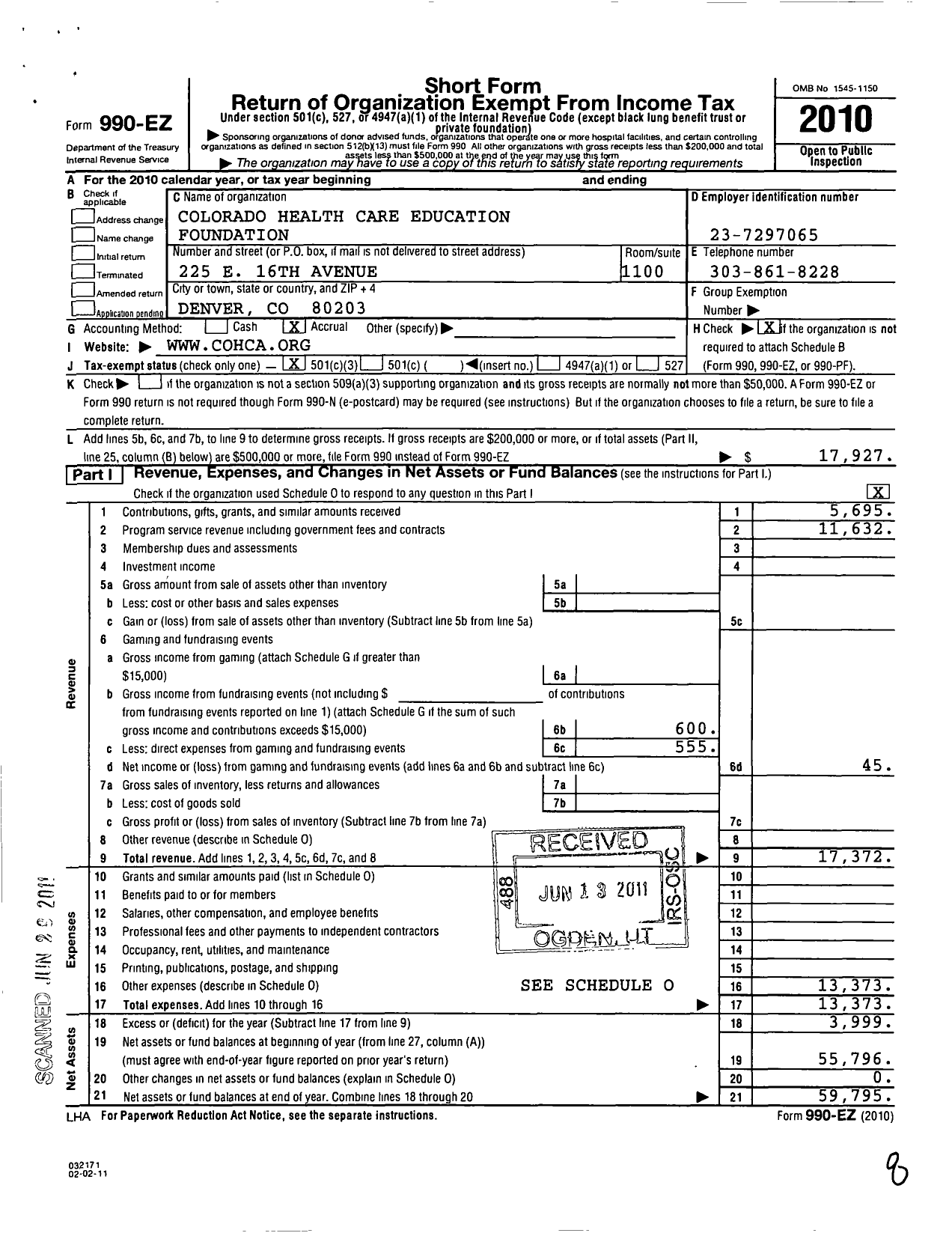 Image of first page of 2010 Form 990EZ for Colorado Health Care Education Foundation