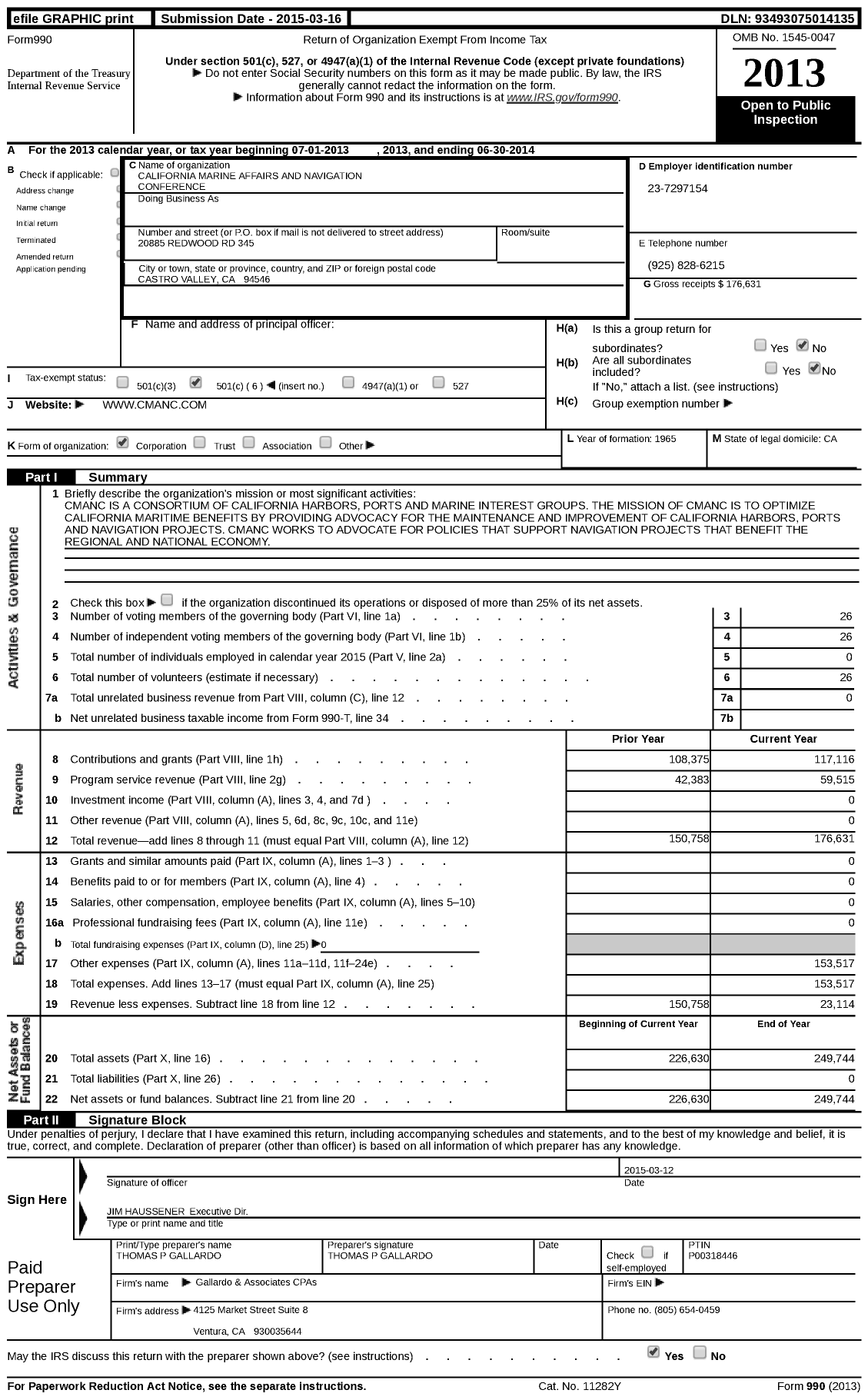 Image of first page of 2013 Form 990 for California Marine Affairs and Navigation Conference