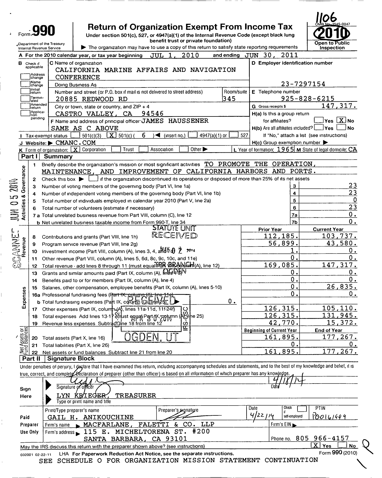 Image of first page of 2010 Form 990O for California Marine Affairs and Navigation Conference