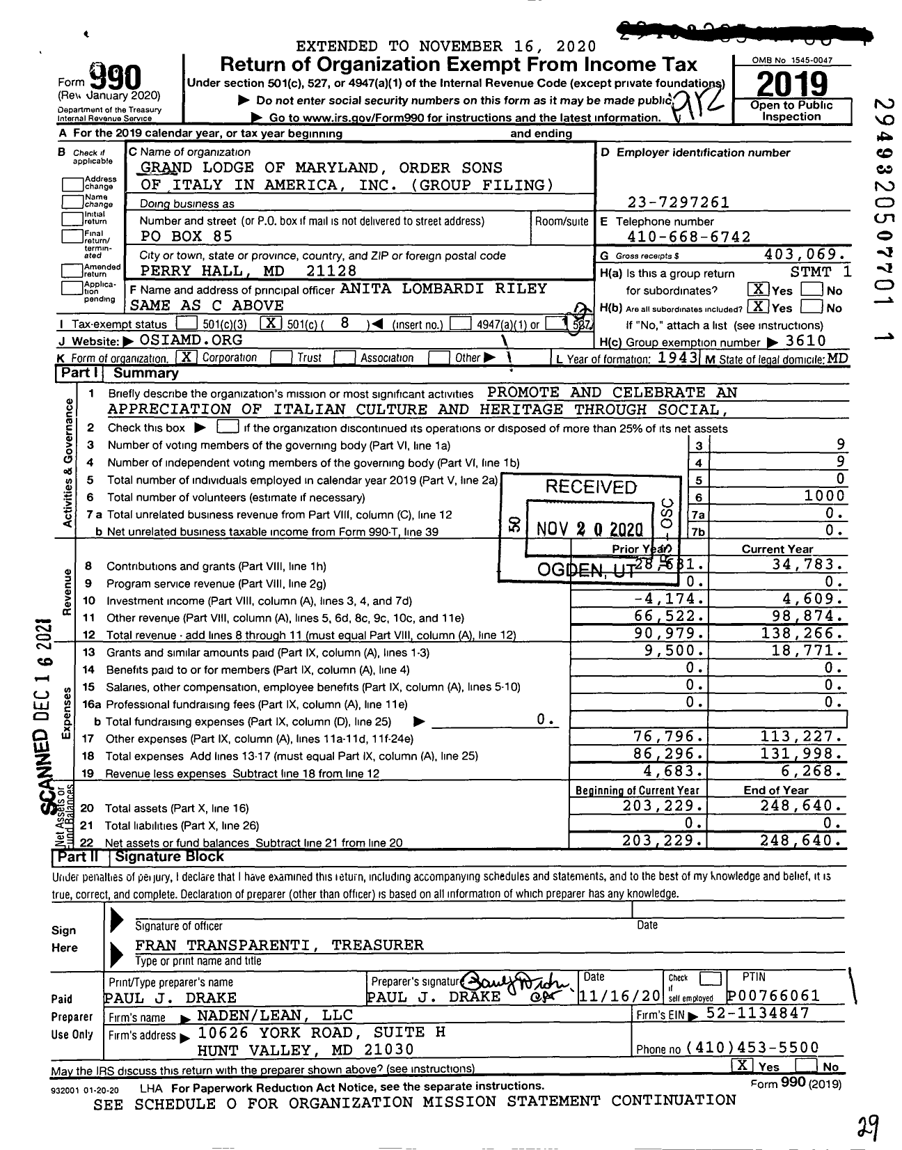 Image of first page of 2019 Form 990O for Order Sons and Daughters of Italy in America - 9009-a Group Return