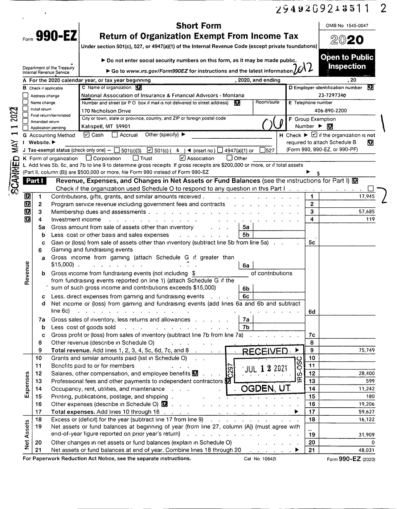 Image of first page of 2020 Form 990EO for National Association of Insurance and Financial Advisors - Montana