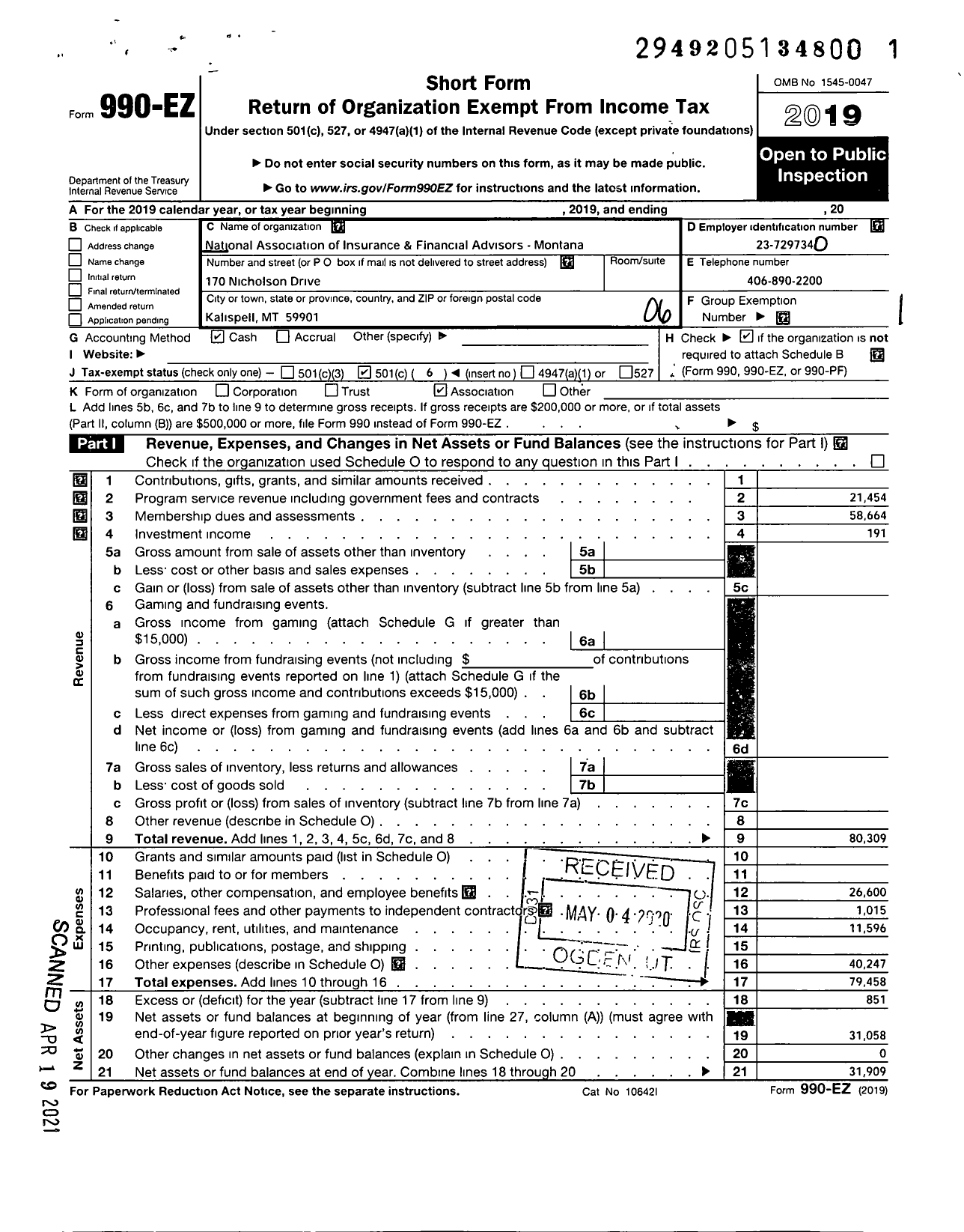 Image of first page of 2019 Form 990EO for National Association of Insurance and Financial Advisors - Montana