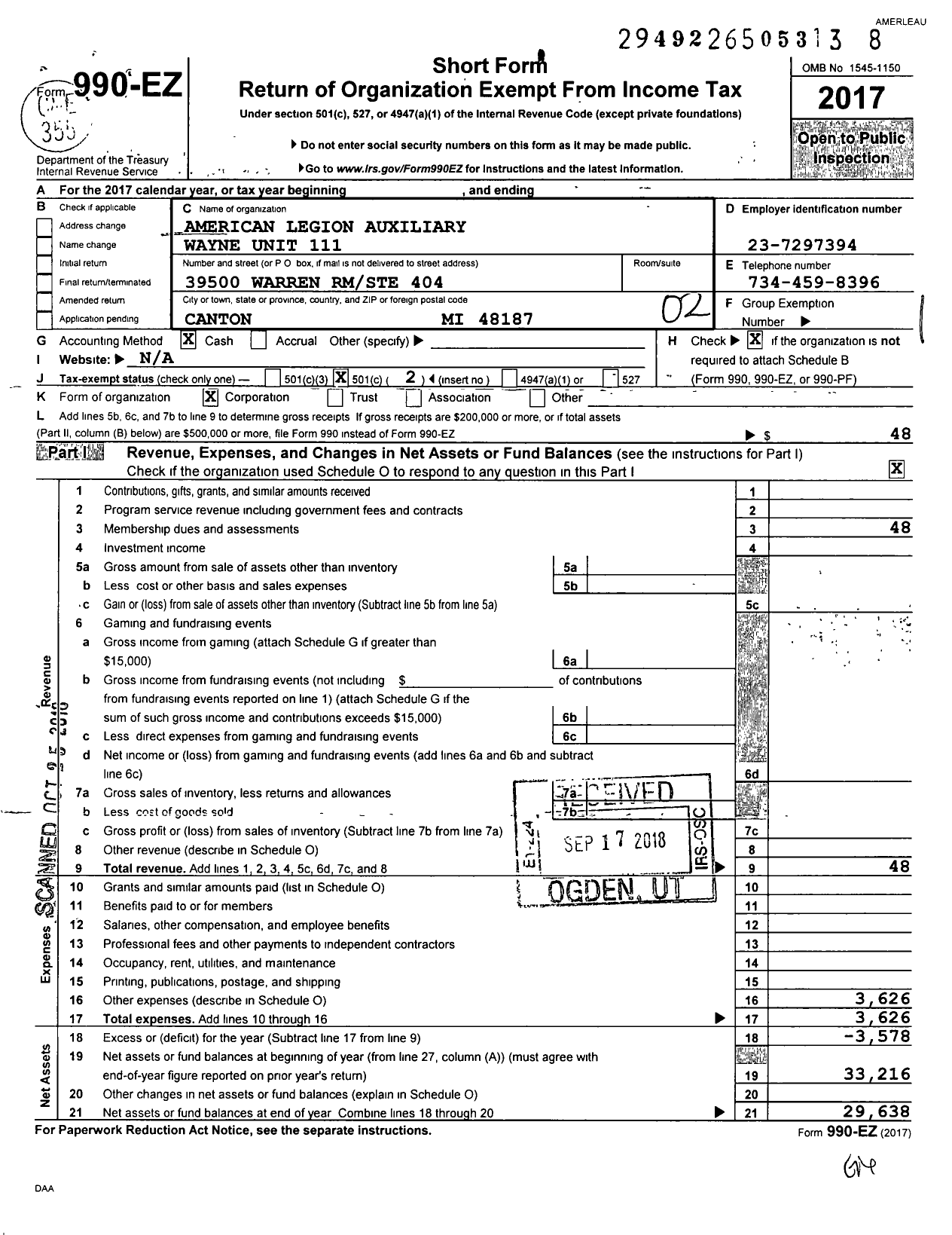 Image of first page of 2017 Form 990EO for American Legion Auxiliary - 111 Wayne