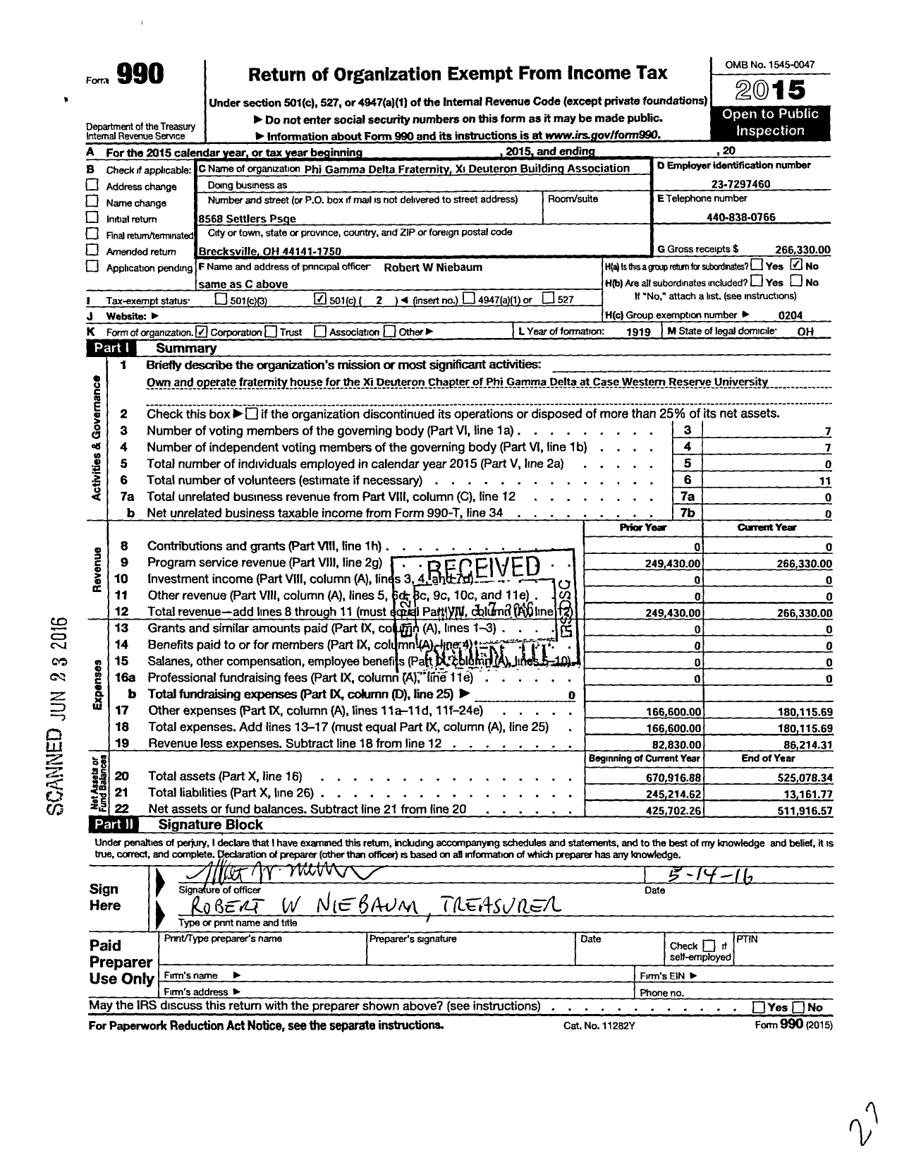 Image of first page of 2015 Form 990O for Phi Gamma Delta Fraternity Xi Deuteron Building Association