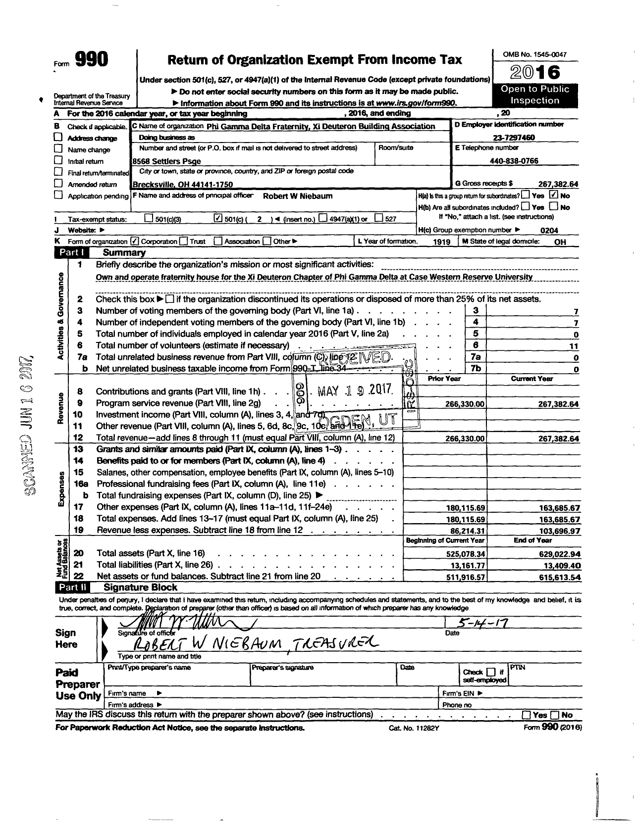 Image of first page of 2016 Form 990O for Phi Gamma Delta Fraternity Xi Deuteron Building Association