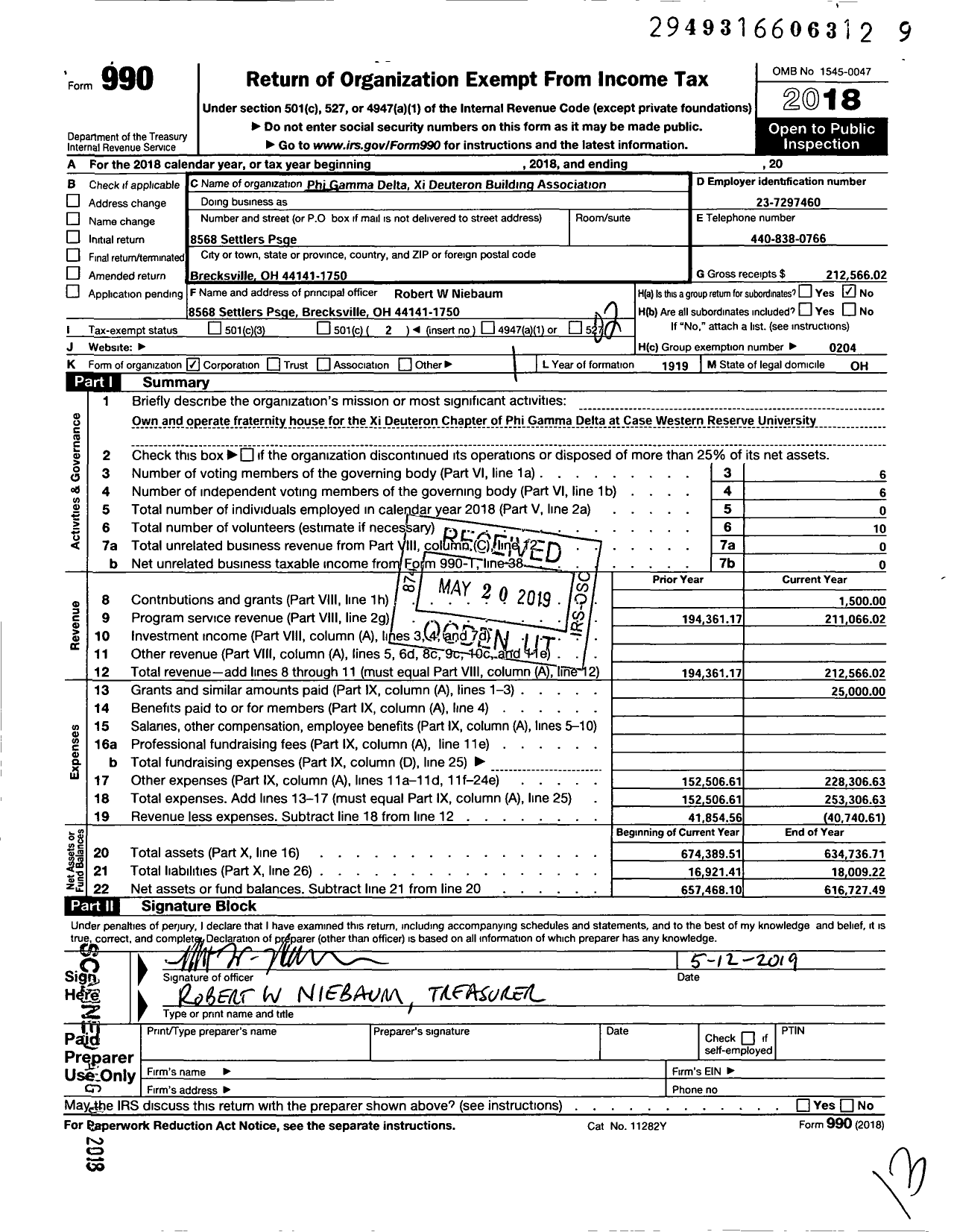 Image of first page of 2018 Form 990O for Phi Gamma Delta Fraternity Xi Deuteron Building Association