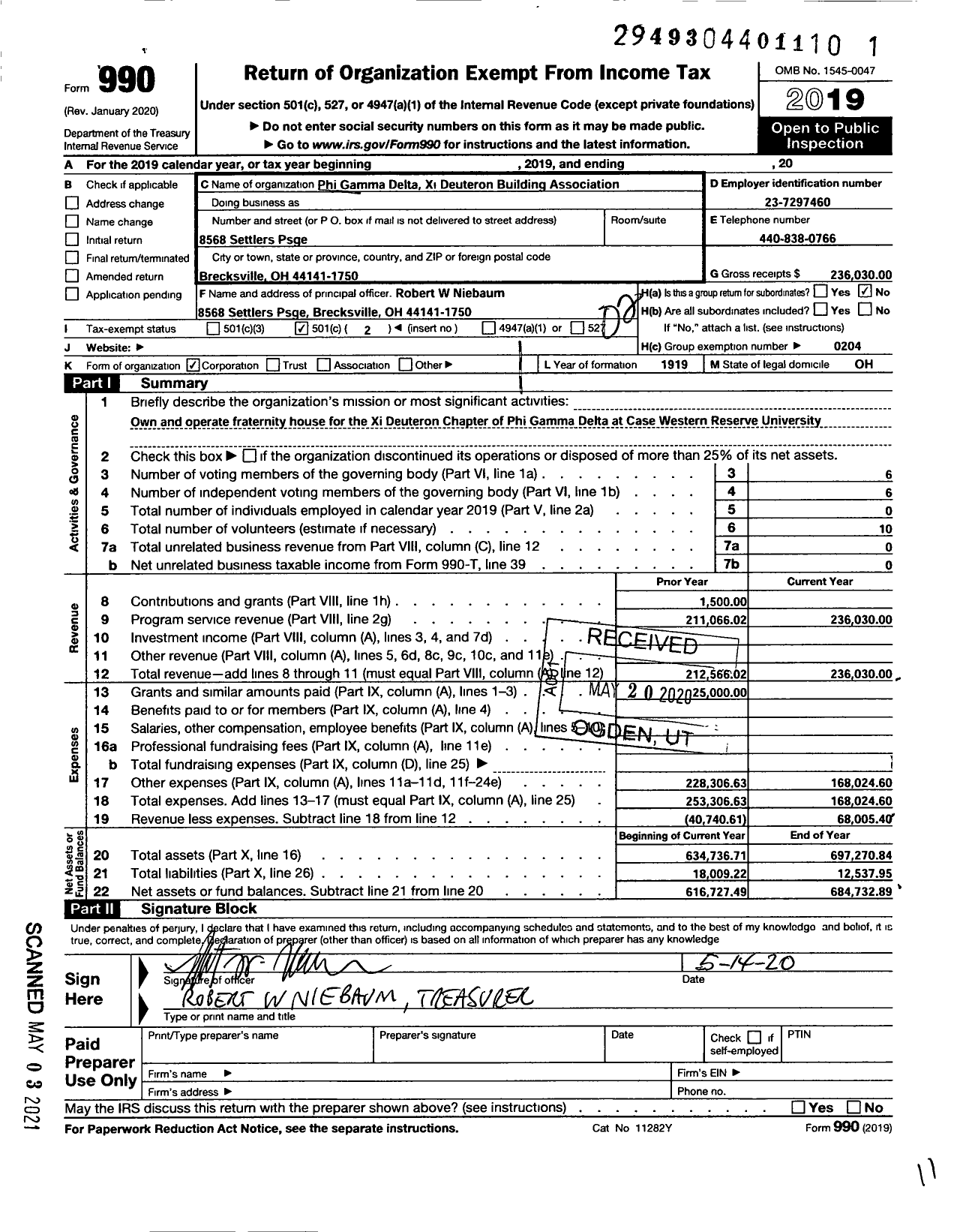 Image of first page of 2019 Form 990O for Phi Gamma Delta Fraternity Xi Deuteron Building Association