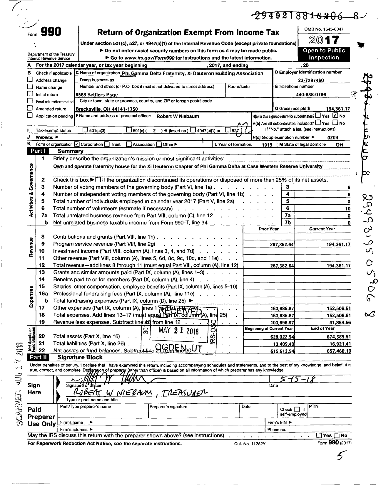 Image of first page of 2017 Form 990O for Phi Gamma Delta Fraternity Xi Deuteron Building Association