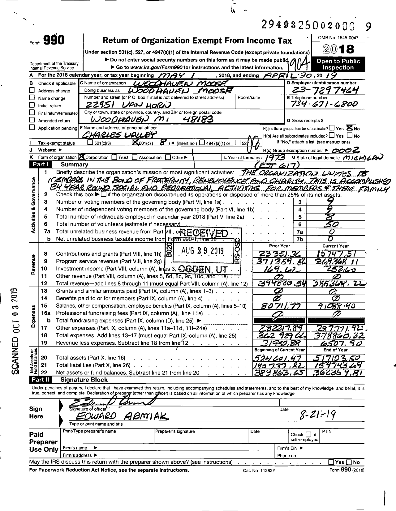 Image of first page of 2018 Form 990O for Loyal Order of Moose - Woodhaven Moose