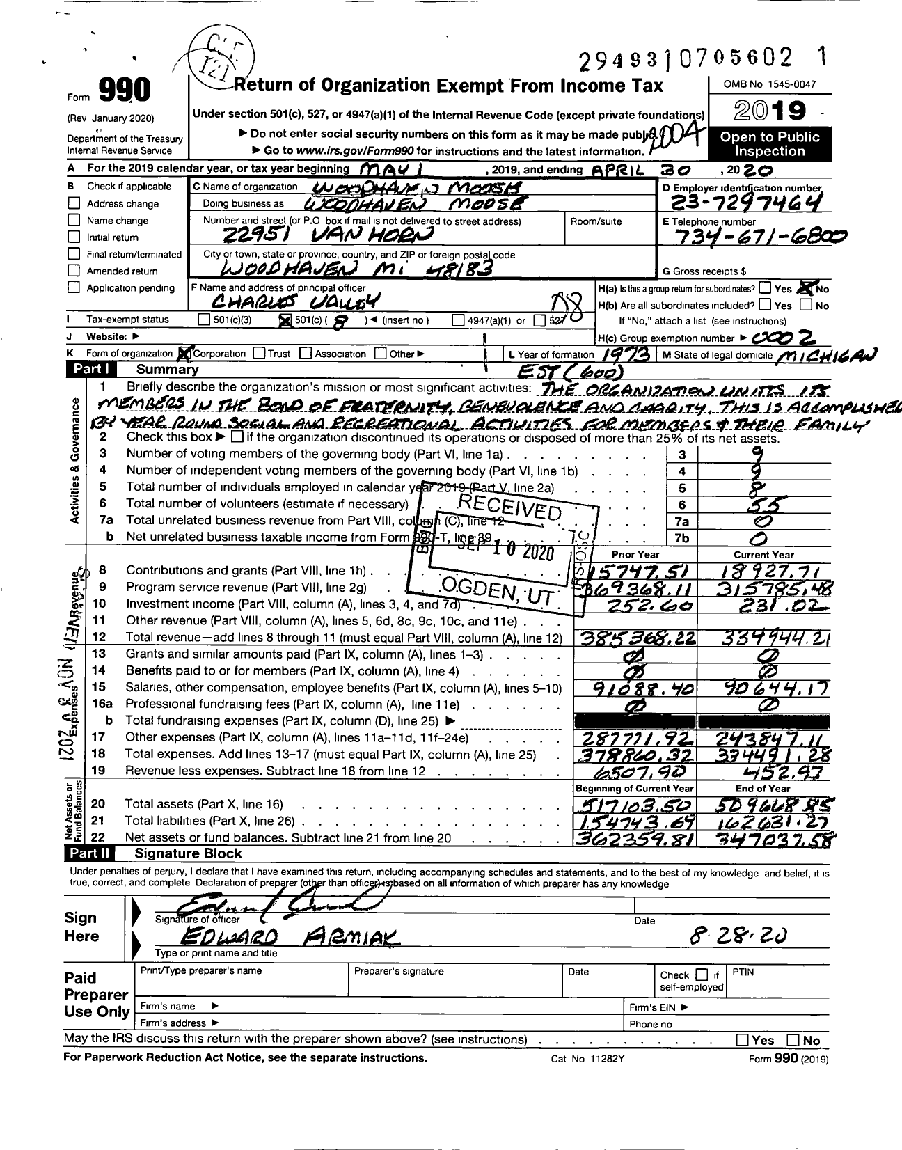 Image of first page of 2019 Form 990O for Loyal Order of Moose - Woodhaven Moose