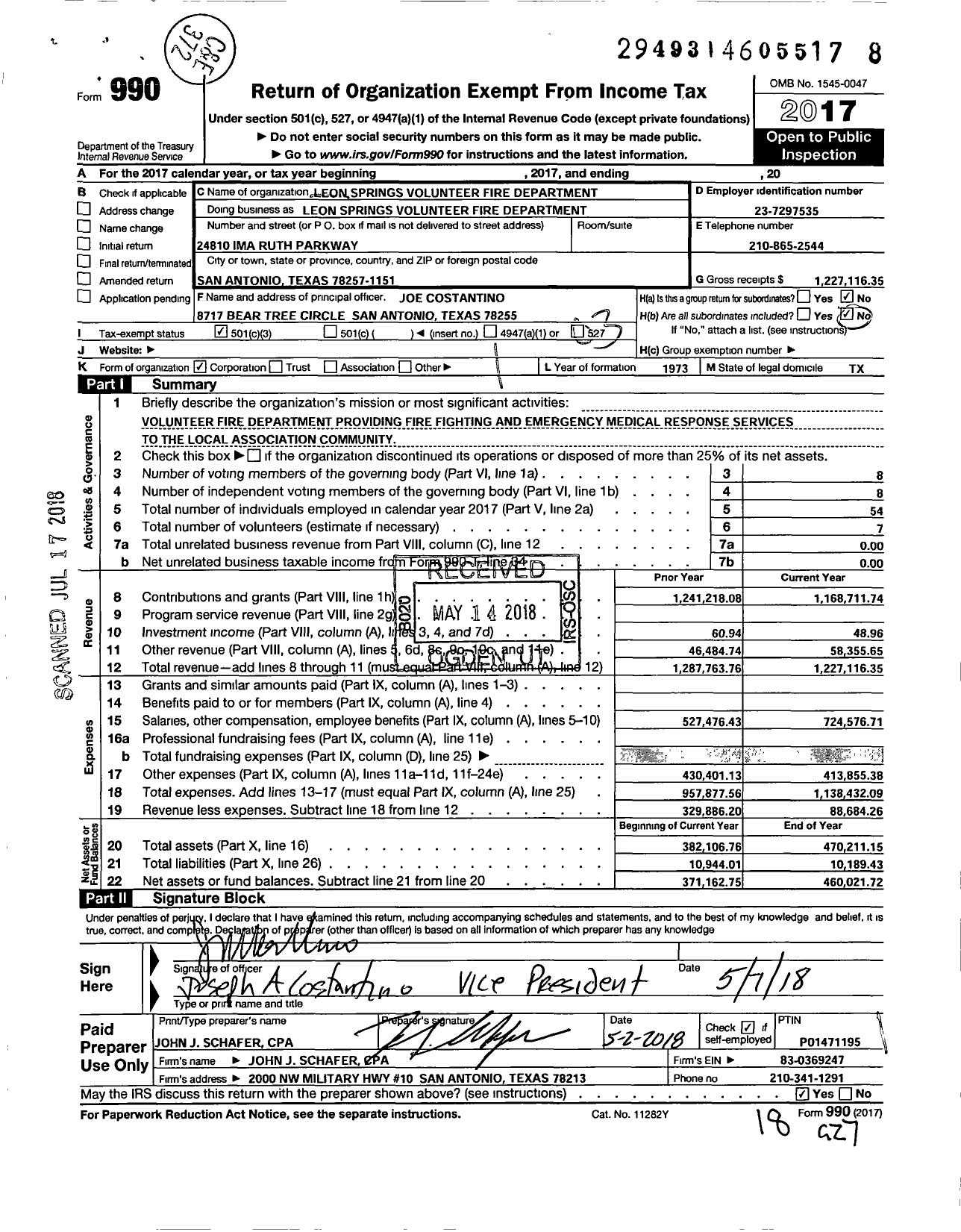 Image of first page of 2017 Form 990 for Leon Springs Volunteer Fire Department