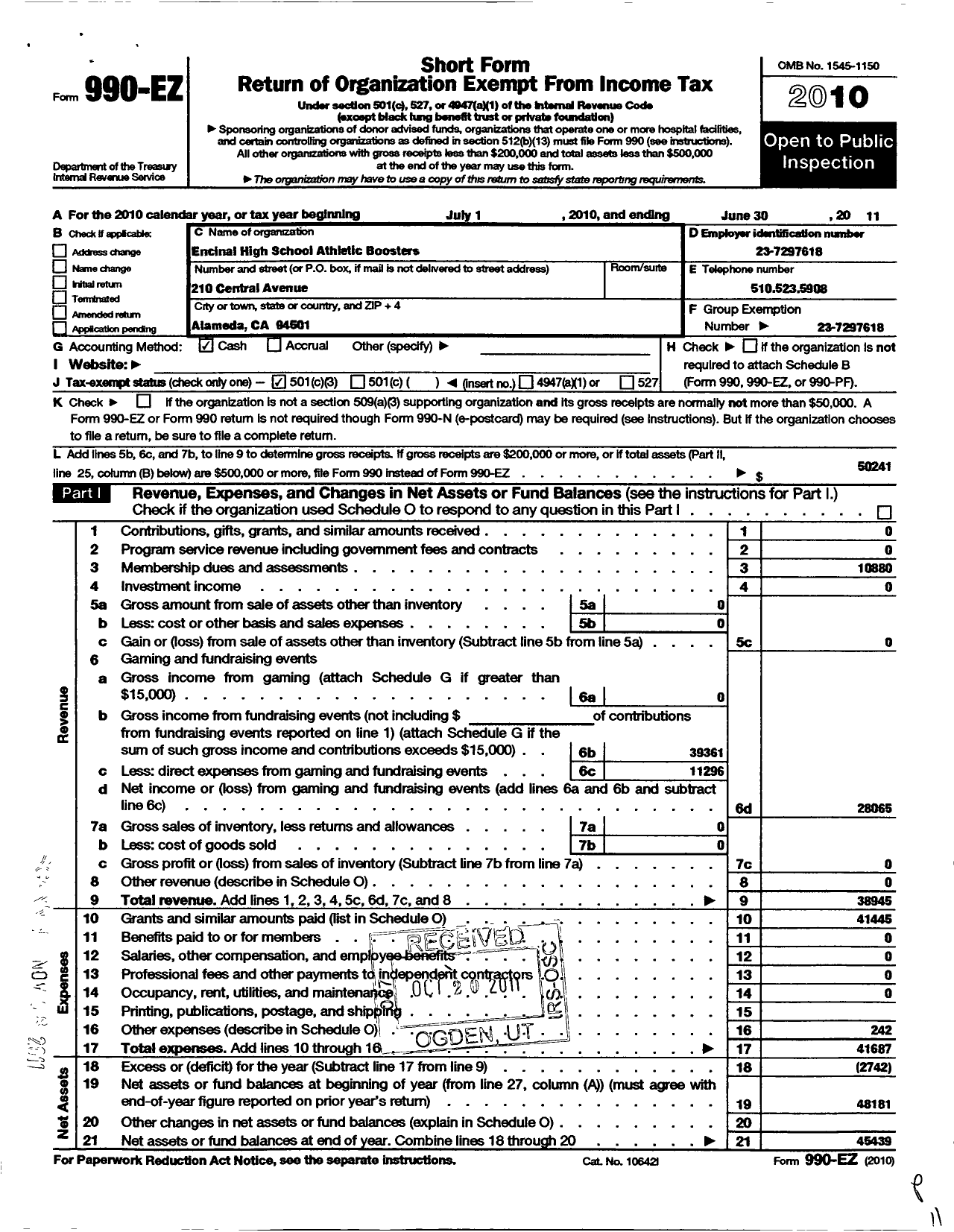 Image of first page of 2010 Form 990EZ for Encinal High School Booster Club