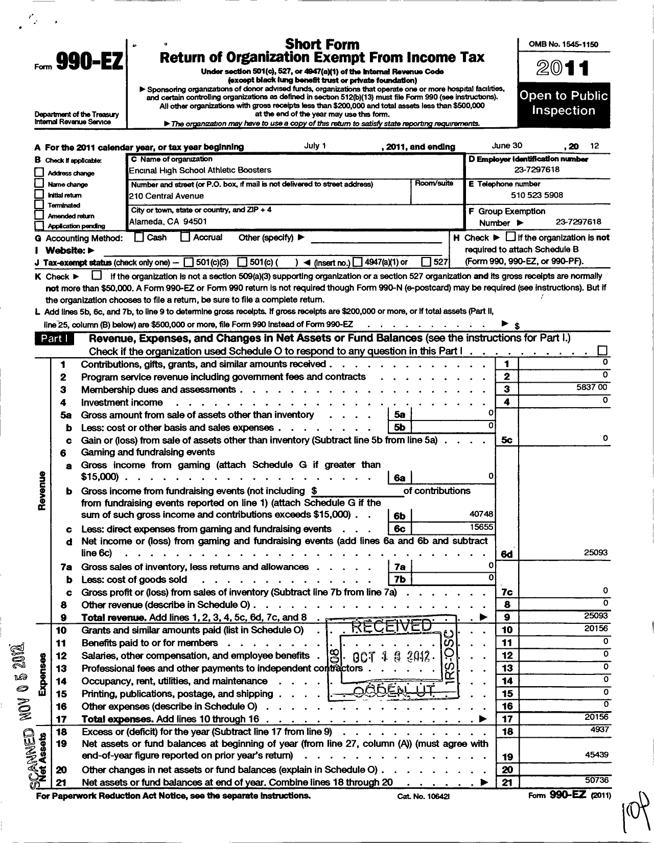 Image of first page of 2011 Form 990EO for Encinal High School Booster Club