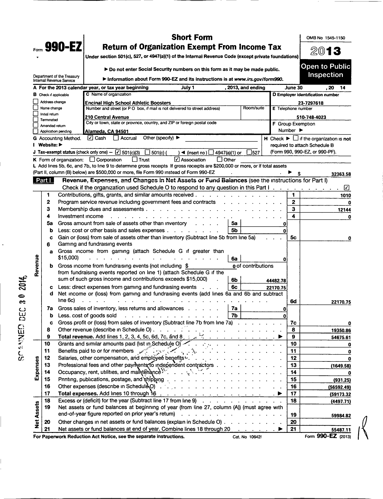 Image of first page of 2013 Form 990EZ for Encinal High School Booster Club