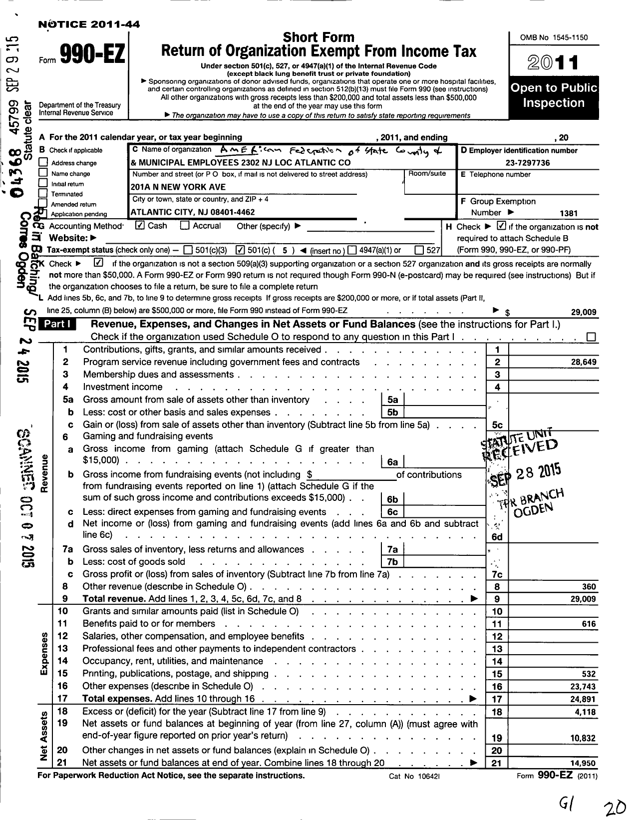 Image of first page of 2011 Form 990EO for American Federation of State County and Municipal Employees