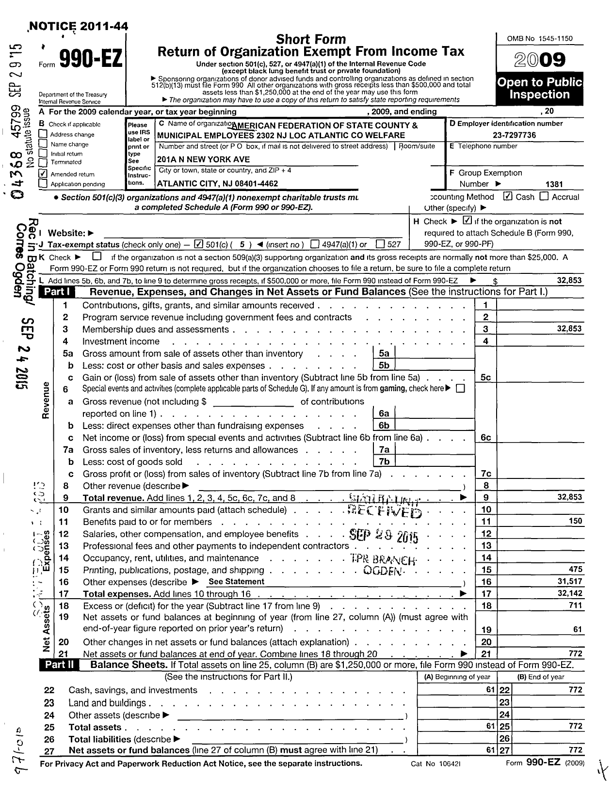 Image of first page of 2009 Form 990EO for American Federation of State County and Municipal Employees