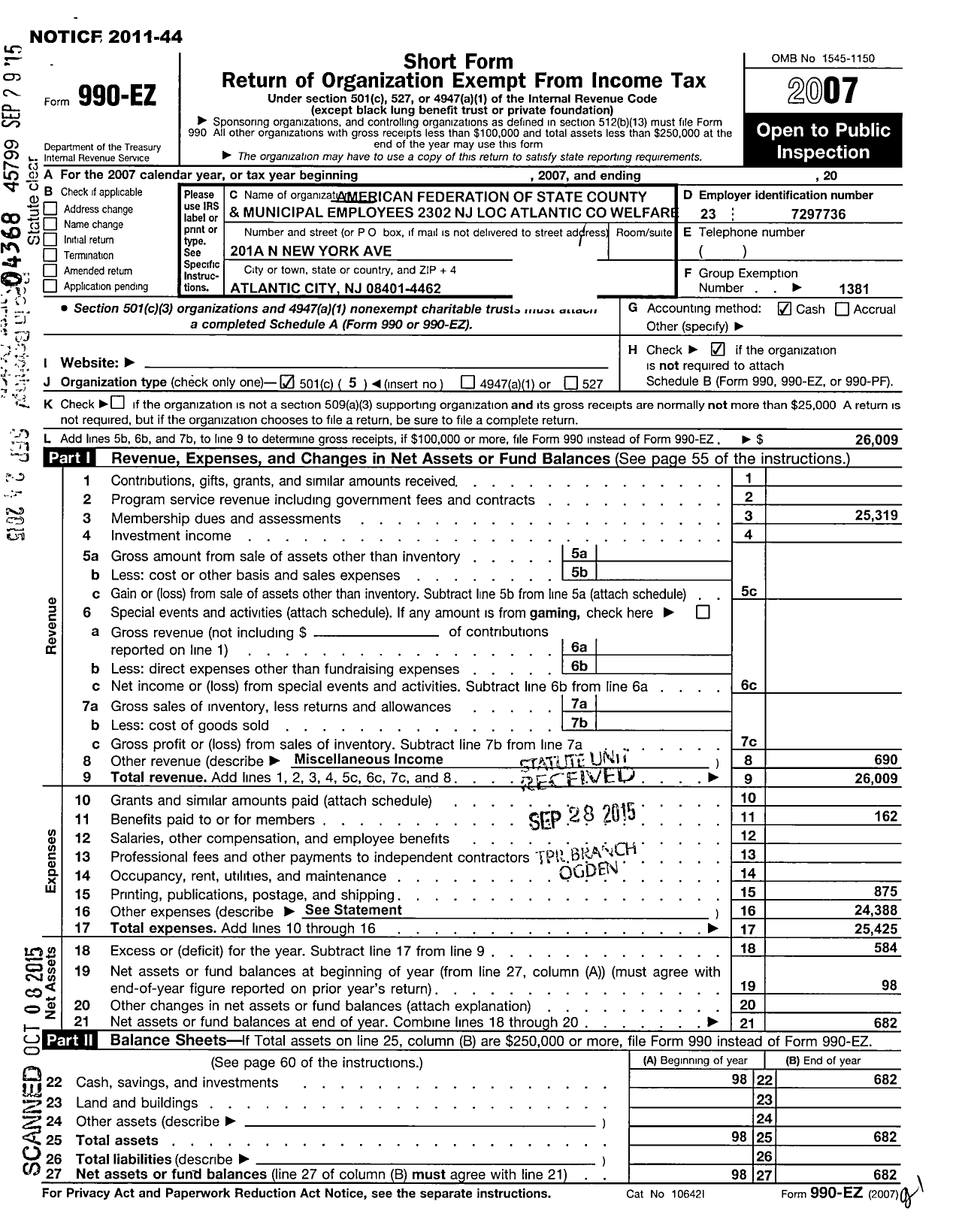 Image of first page of 2007 Form 990EO for American Federation of State County and Municipal Employees