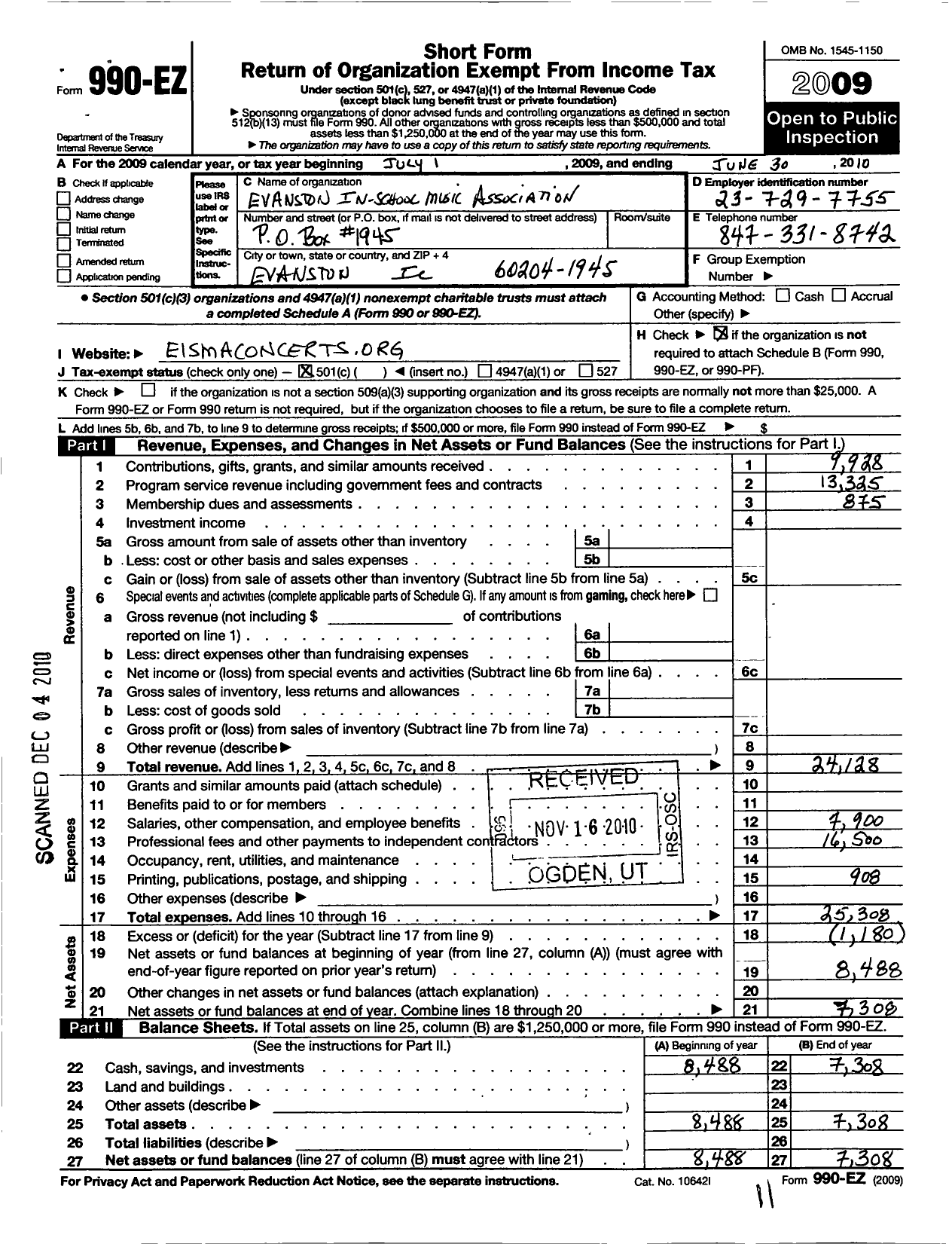 Image of first page of 2009 Form 990EO for Evanston in School Music Association