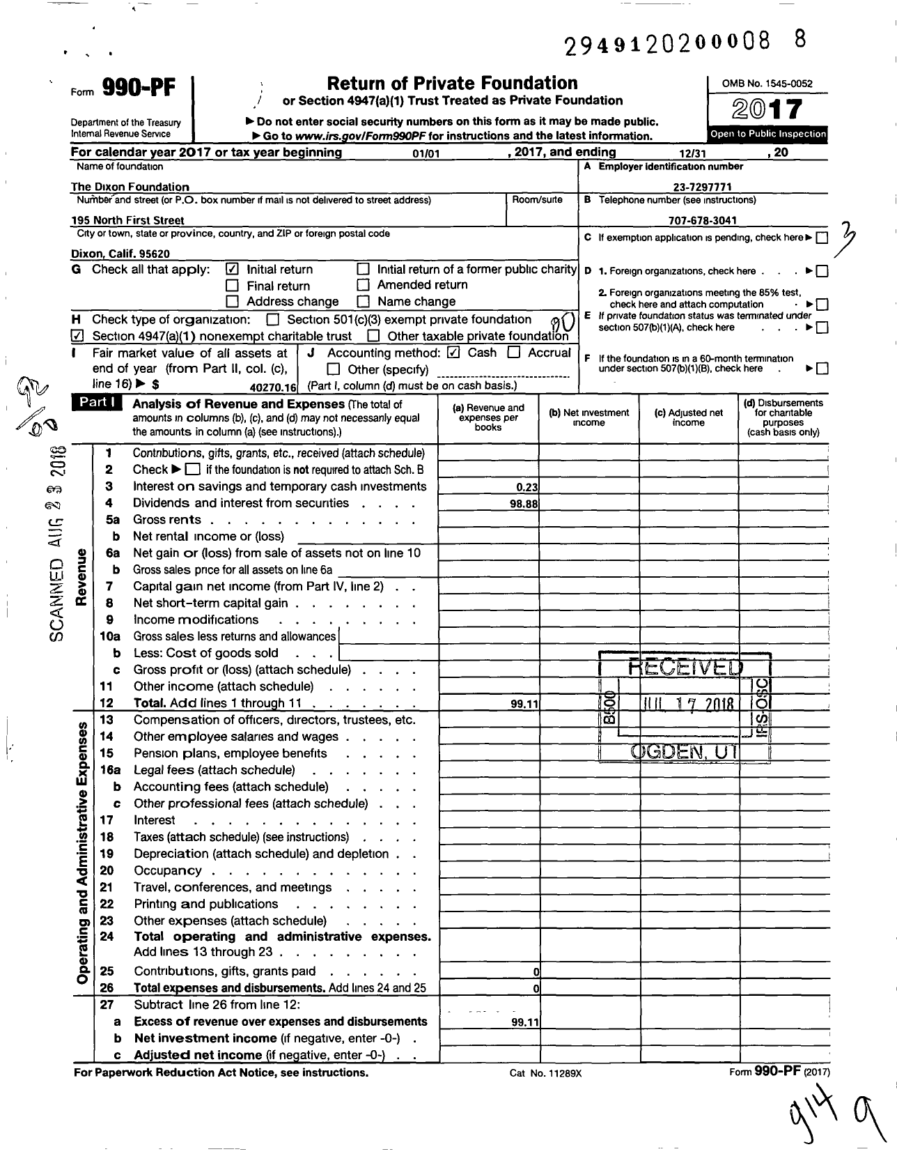 Image of first page of 2017 Form 990PF for The Dixon Foundation