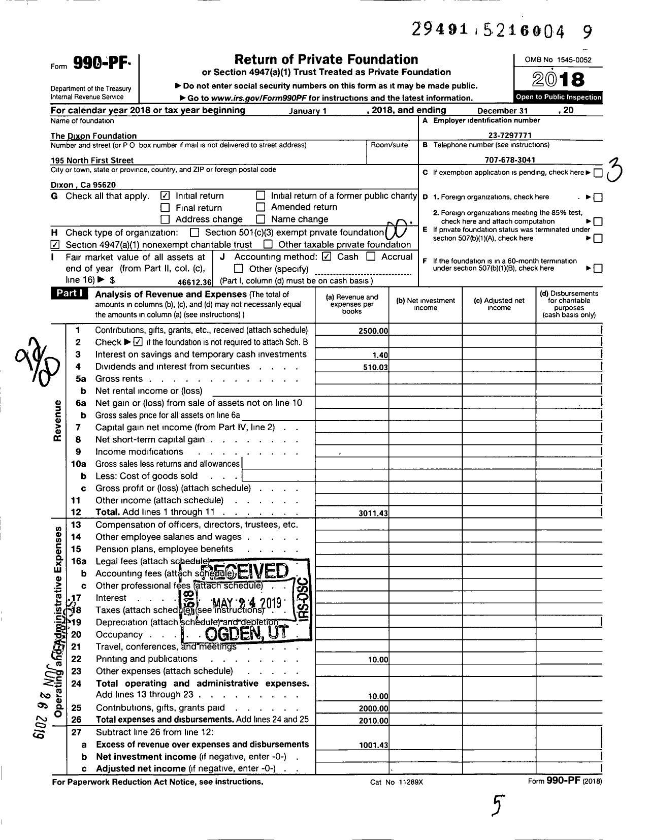 Image of first page of 2018 Form 990PF for The Dixon Foundation