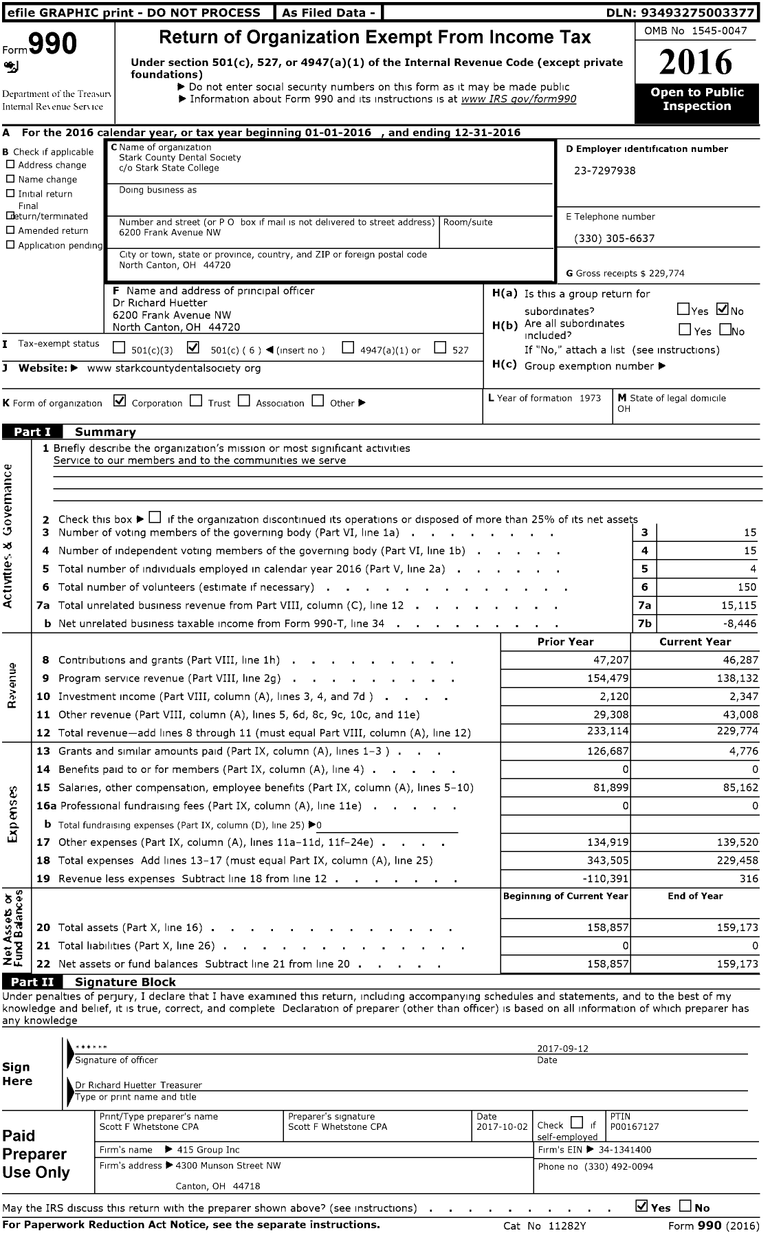 Image of first page of 2016 Form 990O for Stark County Dental Society