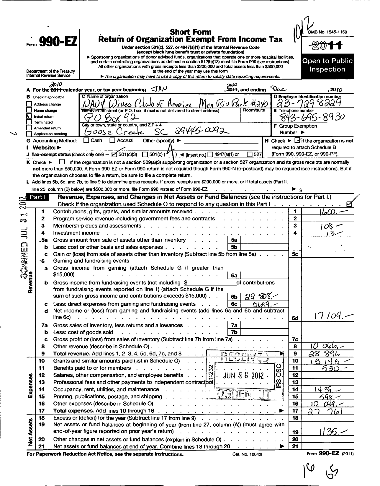 Image of first page of 2010 Form 990EO for Navy Wives Club of America - 240 Men Riv Park